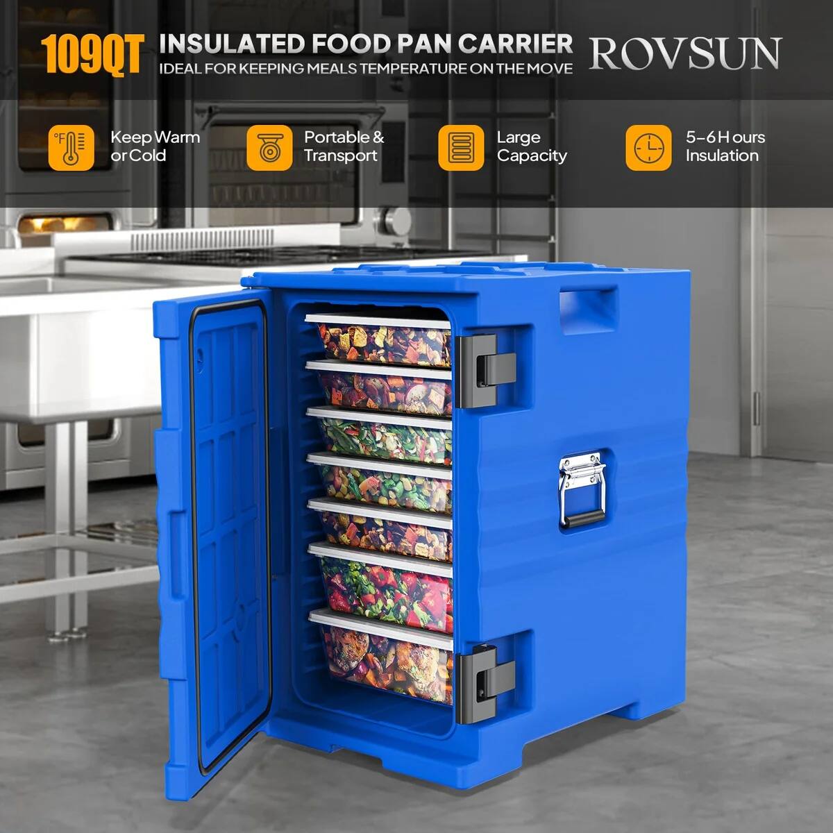 109QT INSULATED FOOD PAN CARRIER  
ROVSUN  
IDEAL FOR KEEPING MEALS TEMPERATURE ON THE MOVE  

- Keep Warm or Cold  
- Portable & Transport  
- Large Capacity  
- 5-6 Hours Insulation
