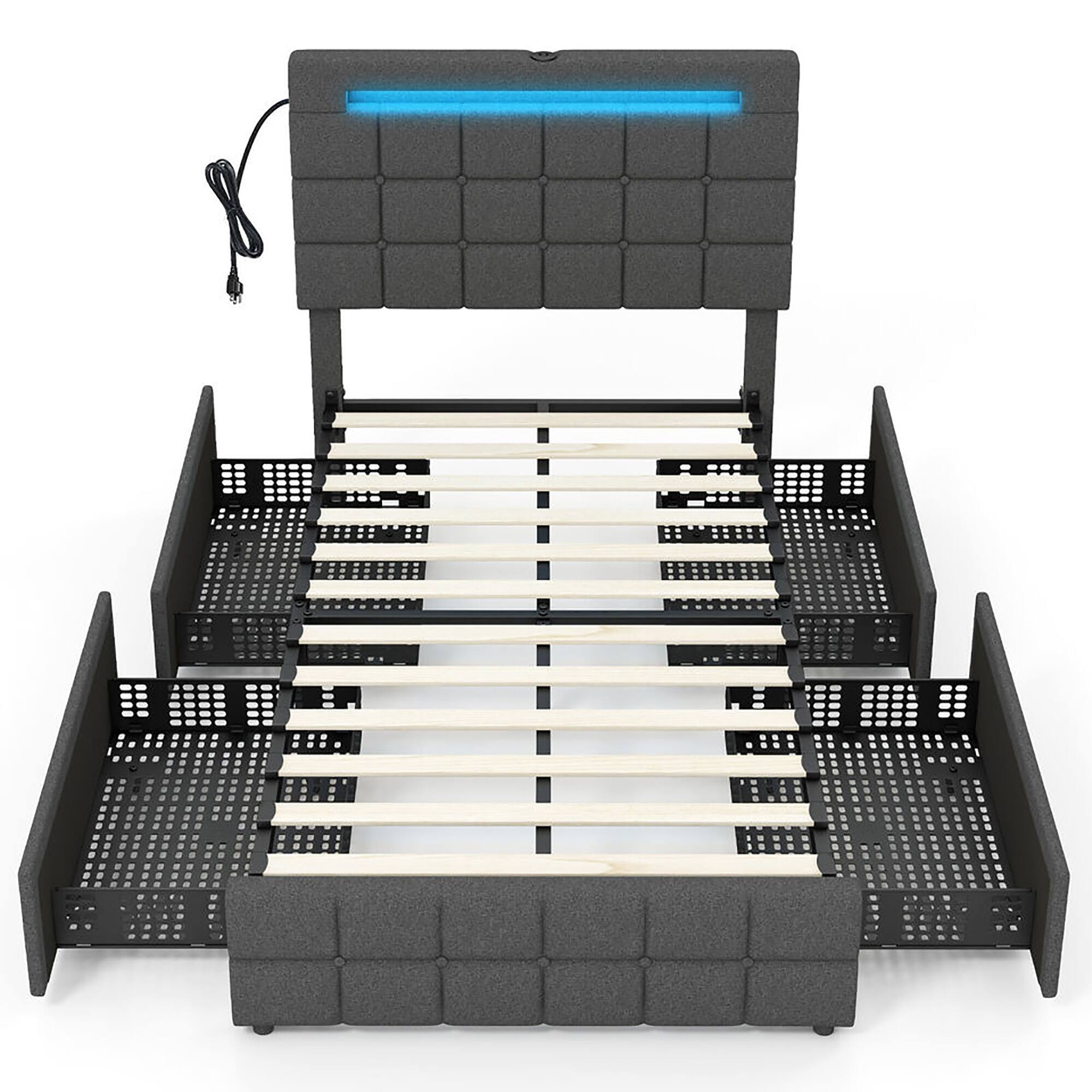 Alt View 9. Gymax - Gymax Twin Upholstered Platform Bed with LED Headboard Charging Station Storage Drawer - Gray.