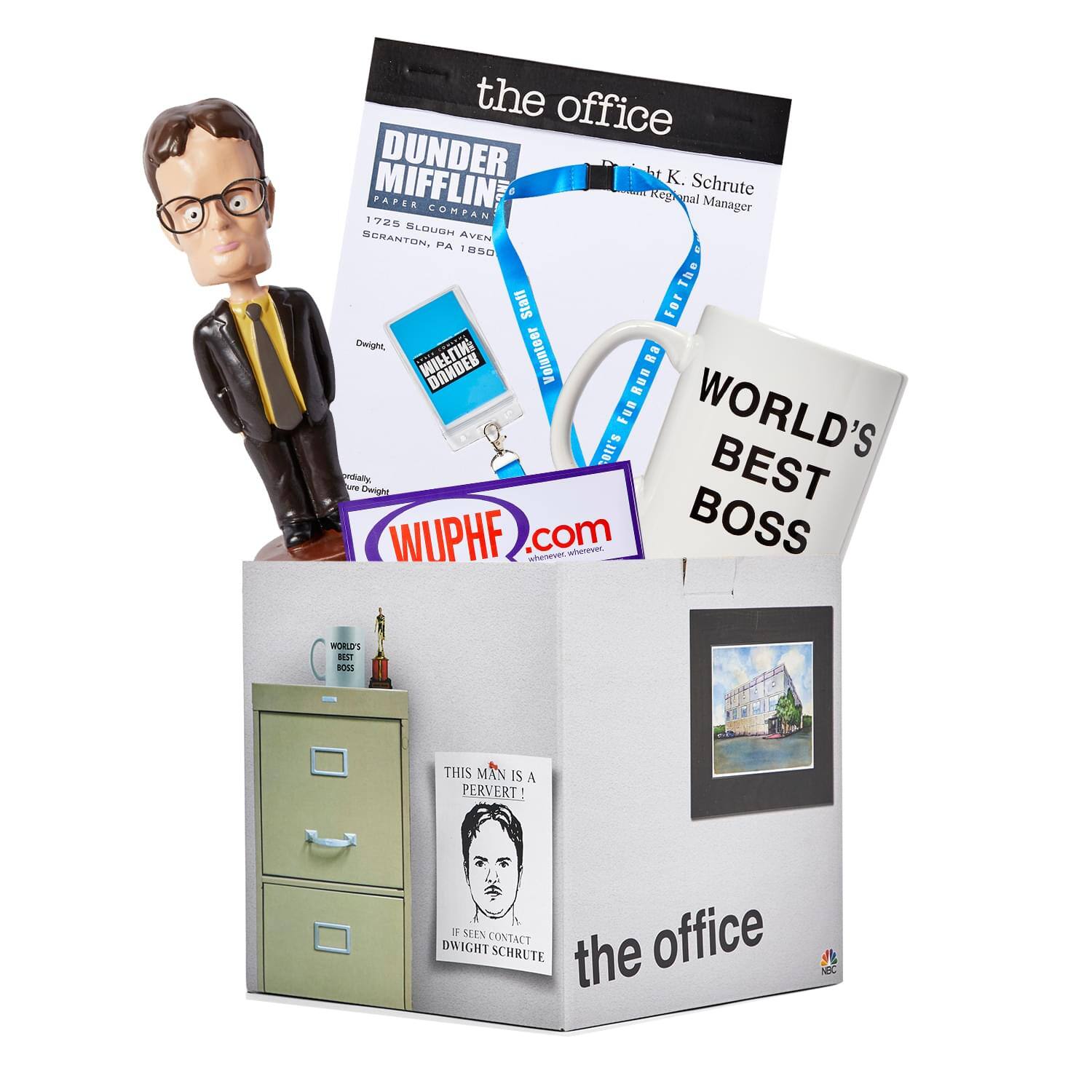 the office  
DUNDER MIFFLIN  
PAPER COMPANY  
1725 SLOUGH AVENUE  
SCRANTON, PA 18501  

Regional Manager  
Dwight K. Schrute  

The Staff For Dunder Mifflin  
Volunteer = AD ... Fun  
WUPHF.com  

WORLD'S BEST BOSS  

THIS MAN IS A PERVERT!  
IF SEEN CONTACT DWIGHT SCHRUTE  

the office