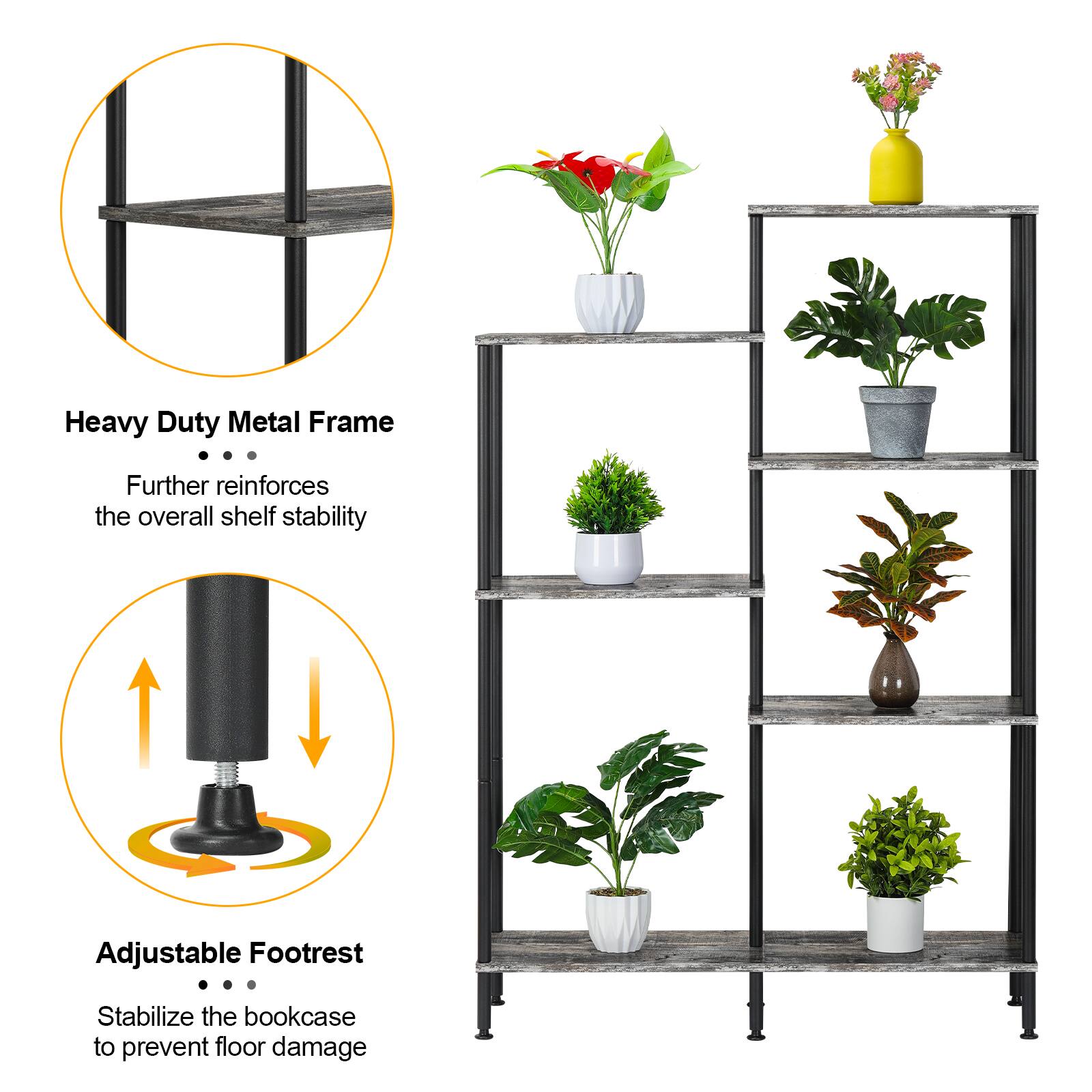 Heavy Duty Metal Frame  
- Further reinforces the overall shelf stability  

Adjustable Footrest  
- Stabilize the bookcase to prevent floor damage