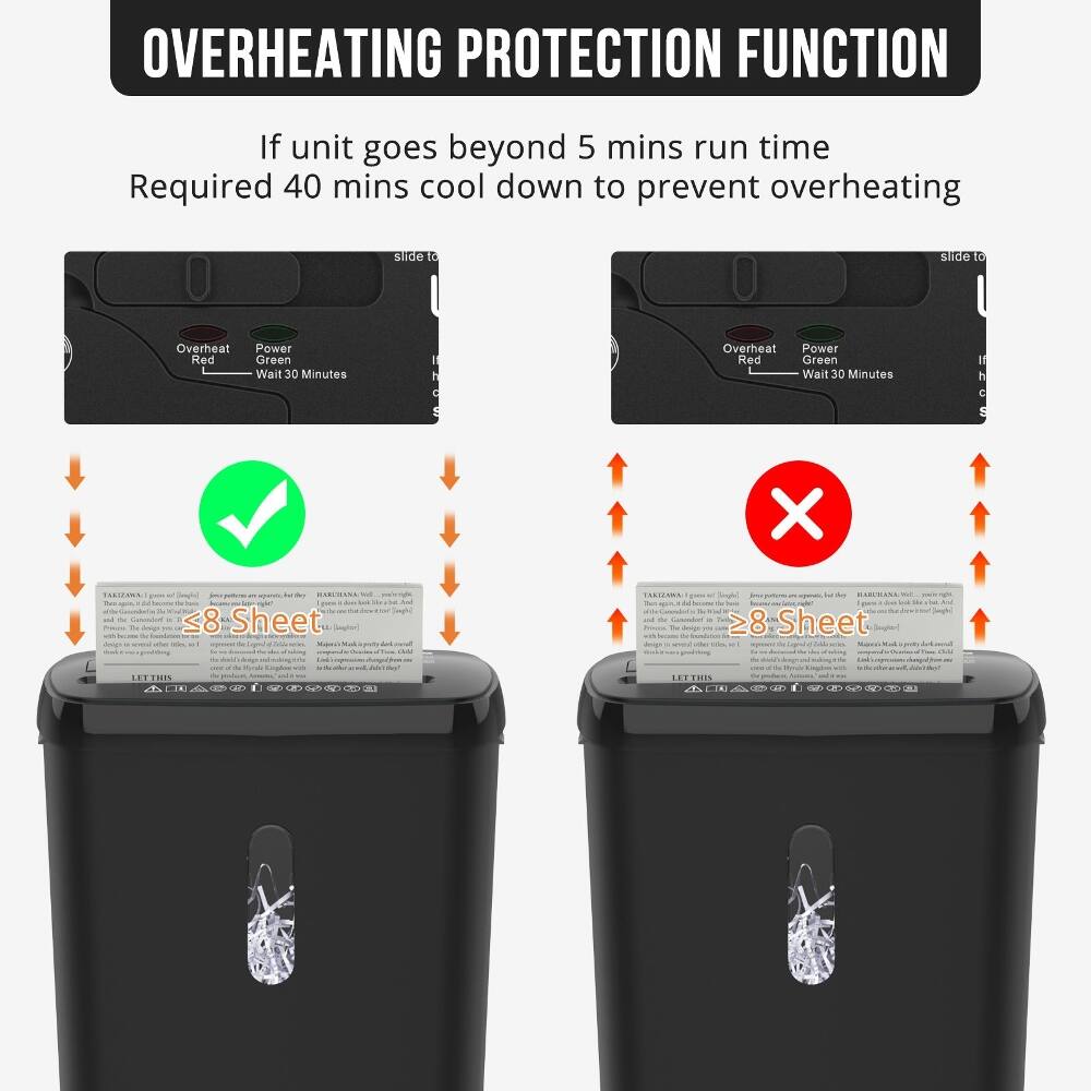 OVERHEATING PROTECTION FUNCTION

If unit goes beyond 5 mins run time
Required 40 mins cool down to prevent overheating

slide to Overheat Power Red Green Wait 30 Minutes

<8 Sheet
>8 Sheet