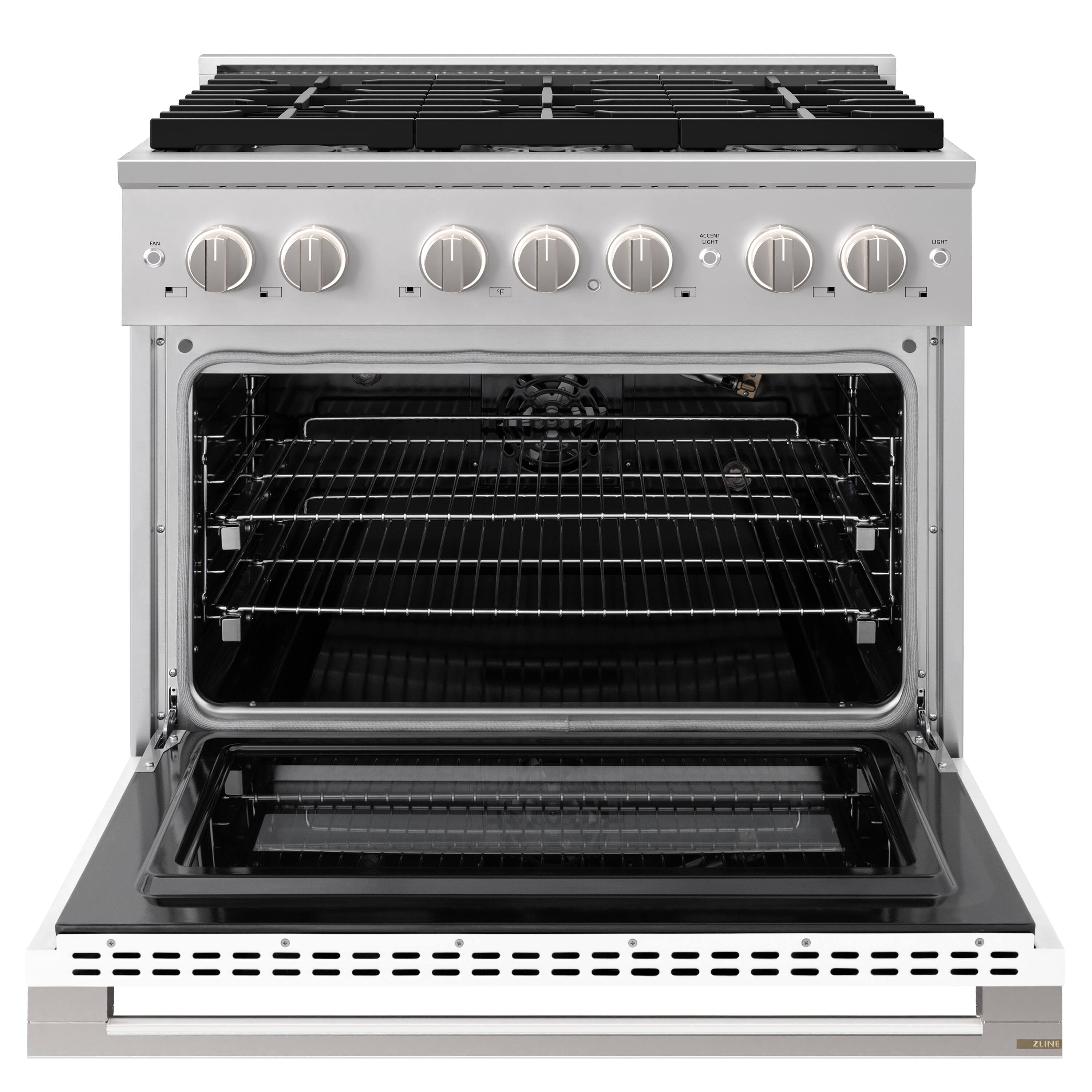 Angle. ZLINE - 36 in. 5.2 cu. ft. Marino Freestanding Gas Range with 6 Burner Cooktop and Manual Clean Convection Gas Oven - White Matte.
