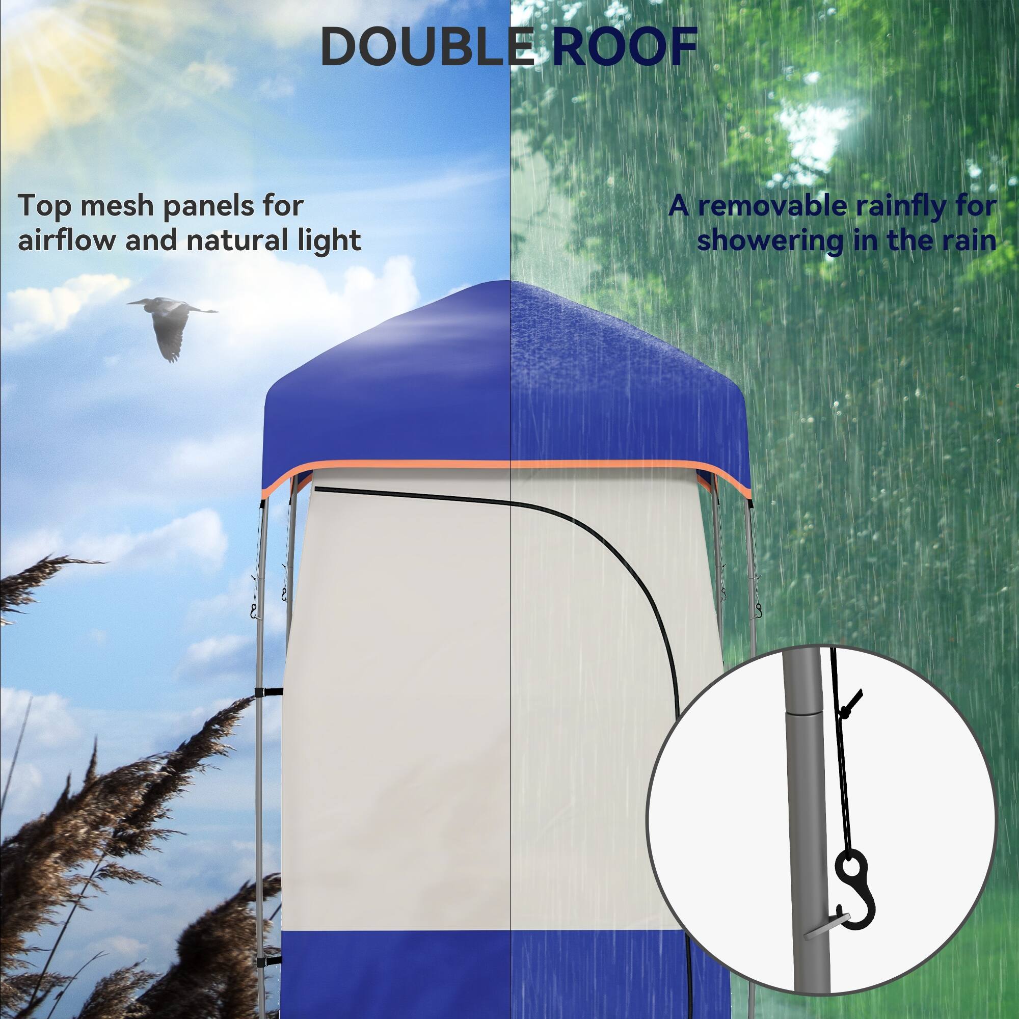 DOUBLE ROOF

Top mesh panels for airflow and natural light

A removable rainfly for showering in the rain