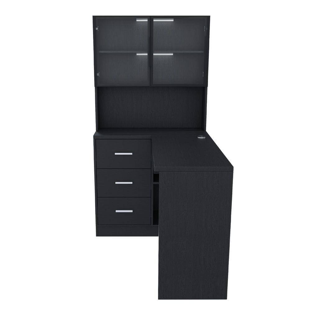 Alt View 4. Kadyn - L-Shaped Office Desk with Charging Station and LED Lighting - Black - Black.