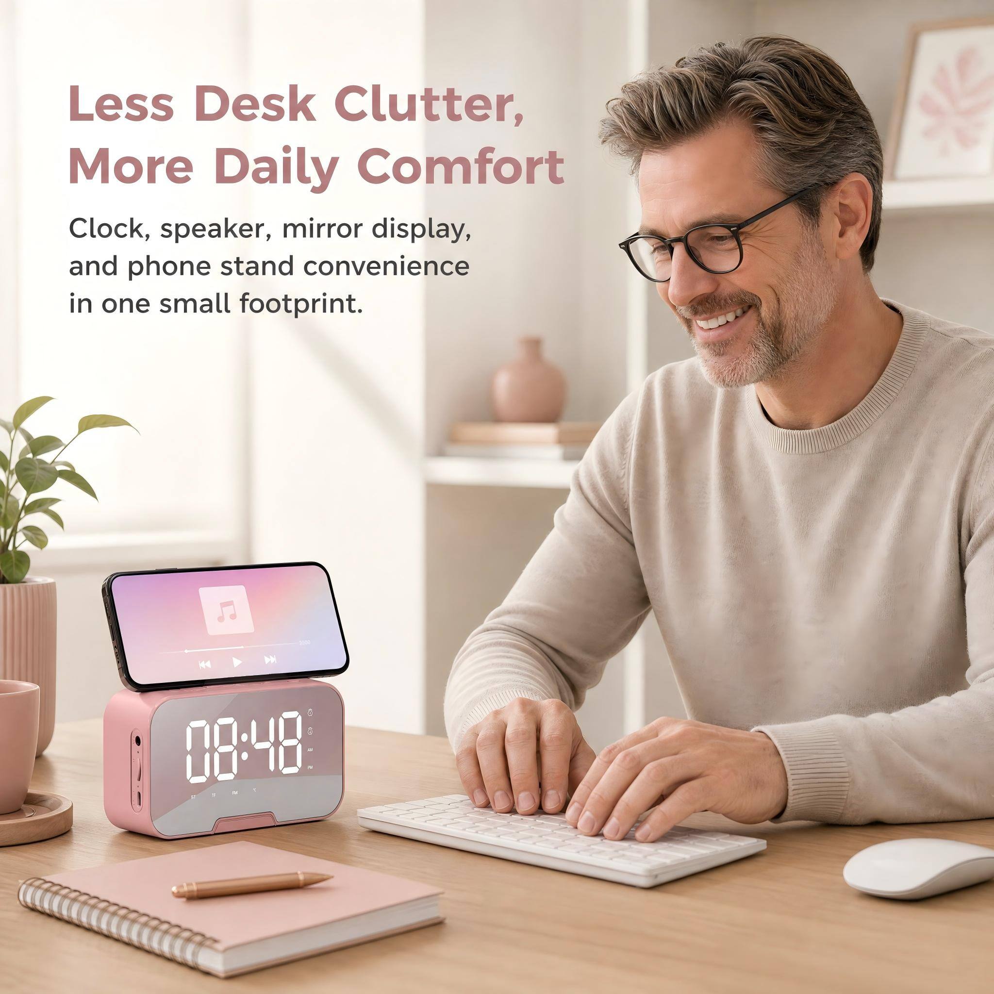 Less Desk Clutter, More Daily Comfort  
Clock, speaker, mirror display, and phone stand convenience in one small footprint.  
08:48
