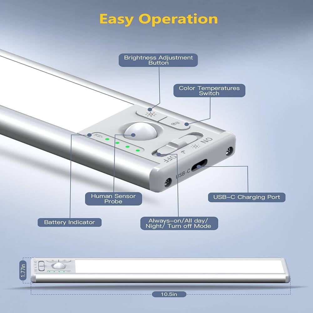 Easy Operation

- Brightness Adjustment Button
- Color Temperatures Switch
- Human Sensor Probe
- USB-C Charging Port
- Battery Indicator
- Always-on/All day/Night/Turn off Mode

1.77in ... 10.5in