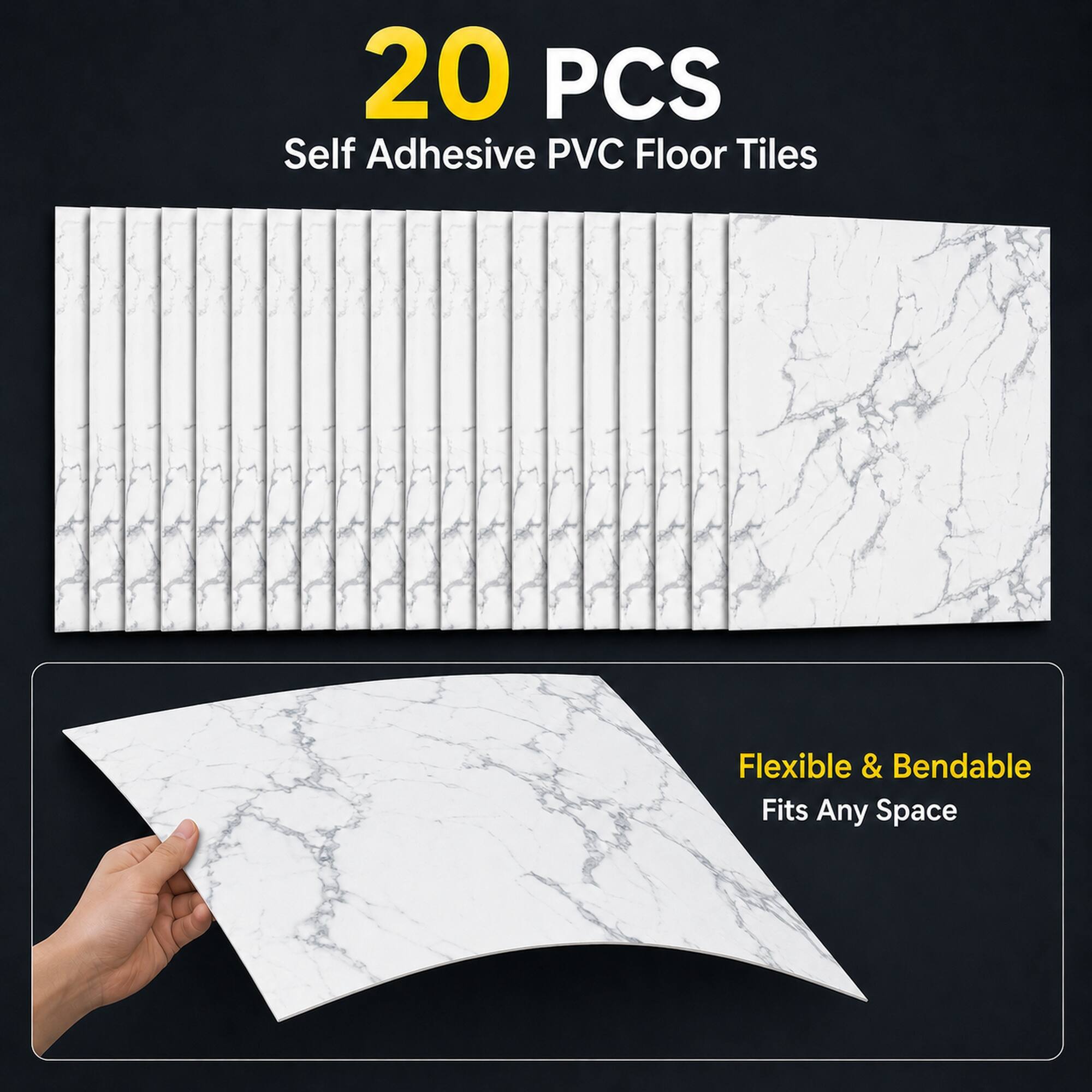 20 PCS Self Adhesive PVC Floor Tiles Flexible & Bendable Fits Any Space