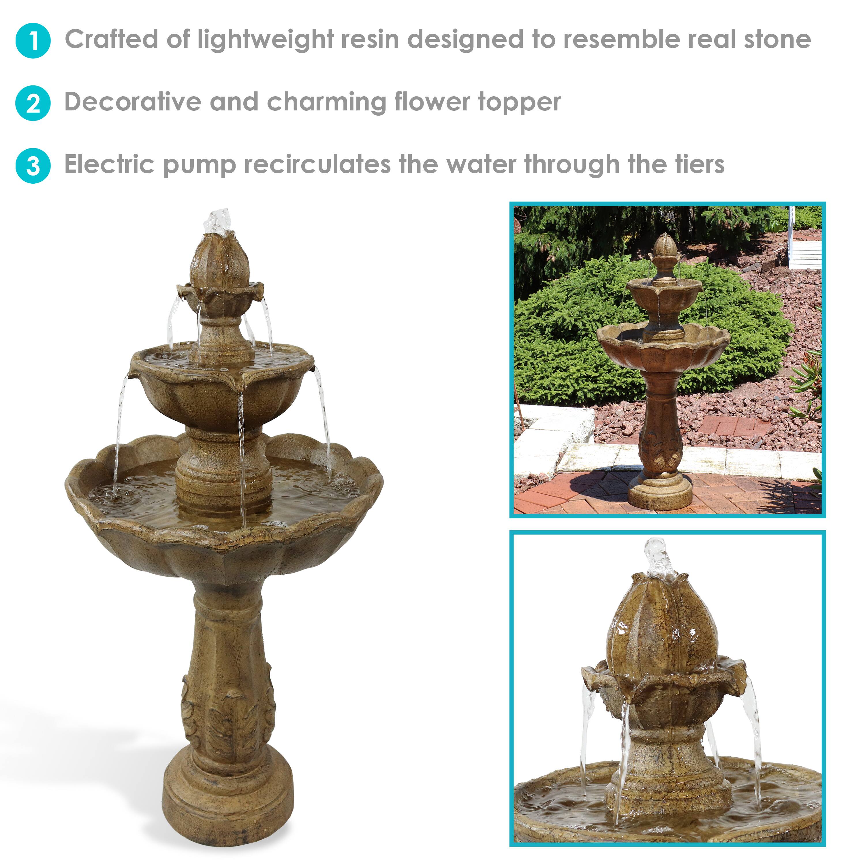 1. Crafted of lightweight resin designed to resemble real stone  
2. Decorative and charming flower topper  
3. Electric pump recirculates the water through the tiers