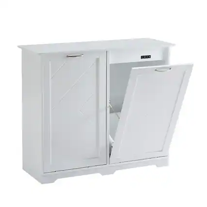 Front. Vecelo - Double Bin Trash Cabinet with Deodorizer - White Pull-Out Kitchen Waste Bin Storage, MDF Wood Concealed Garbage Can - White.