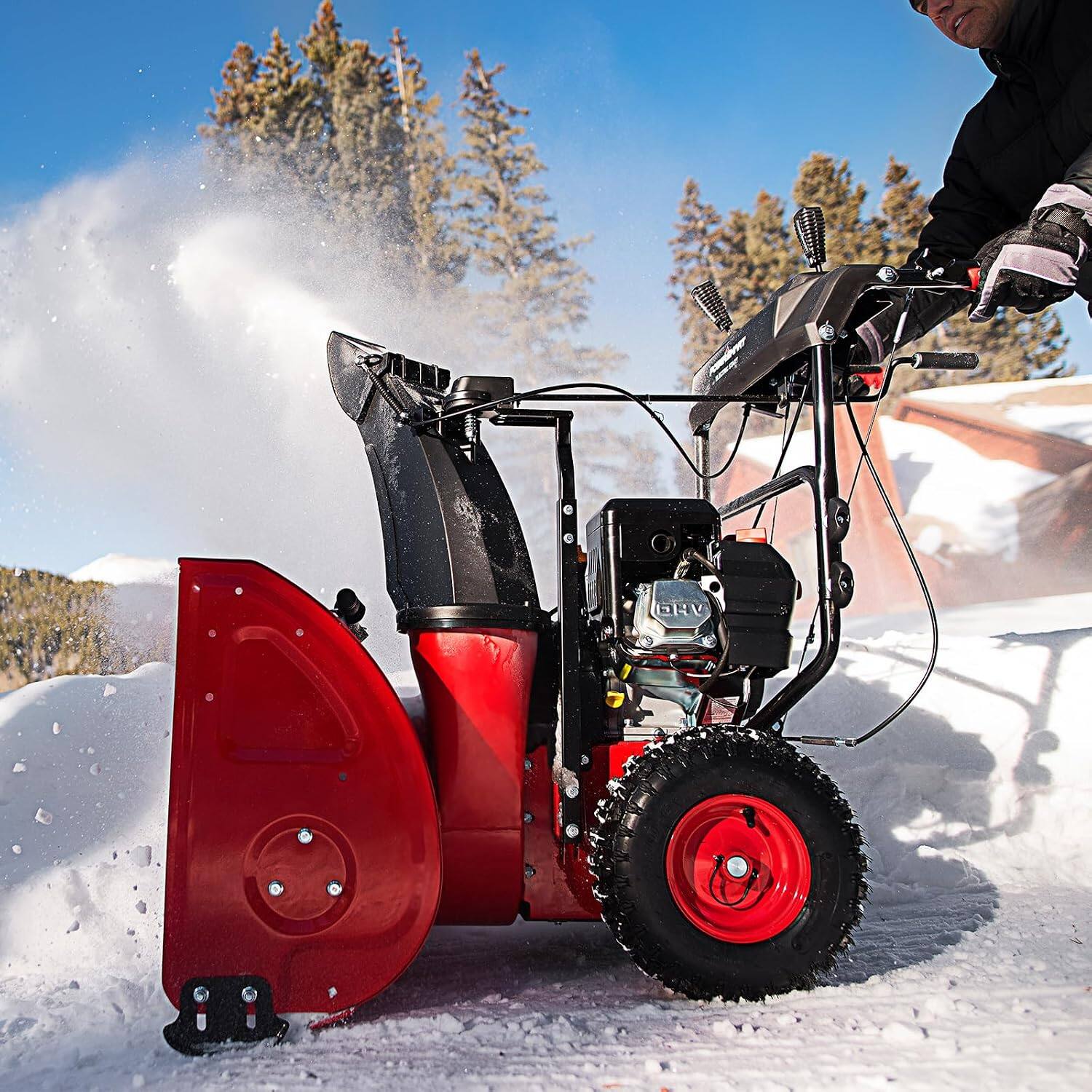 Left. POWERSMART - 24" 212cc Self-Propelled 2-Stage Gas Snow Blower, Electric Start, LED Light, 6 Forward & 2 Reverse Speeds, Steel Housing - RED.