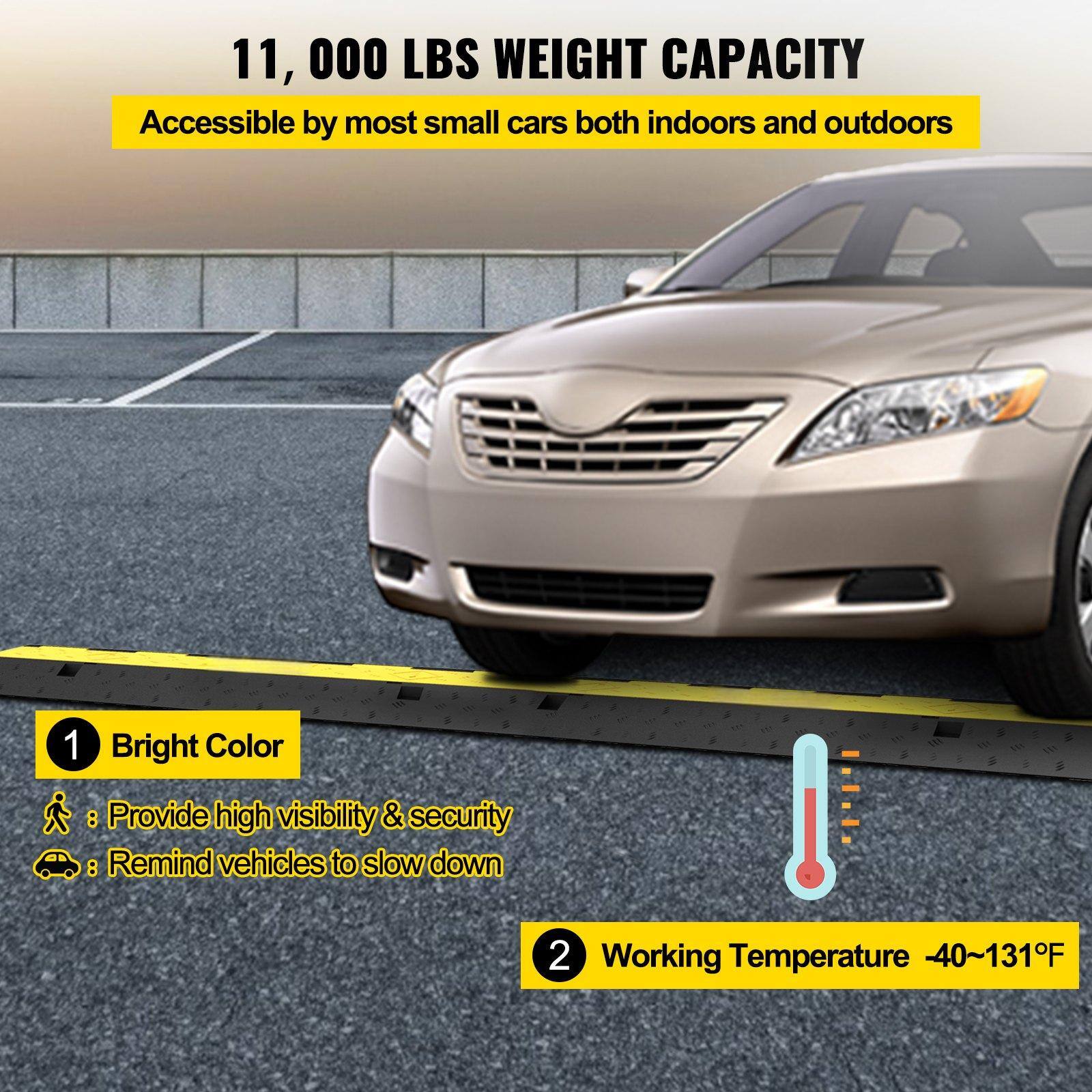 11,000 LBS WEIGHT CAPACITY  
Accessible by most small cars both indoors and outdoors  

1. Bright Color  
   - Provide high visibility & security  
   - Remind vehicles to slow down  

2. Working Temperature  
   -40~131°F
