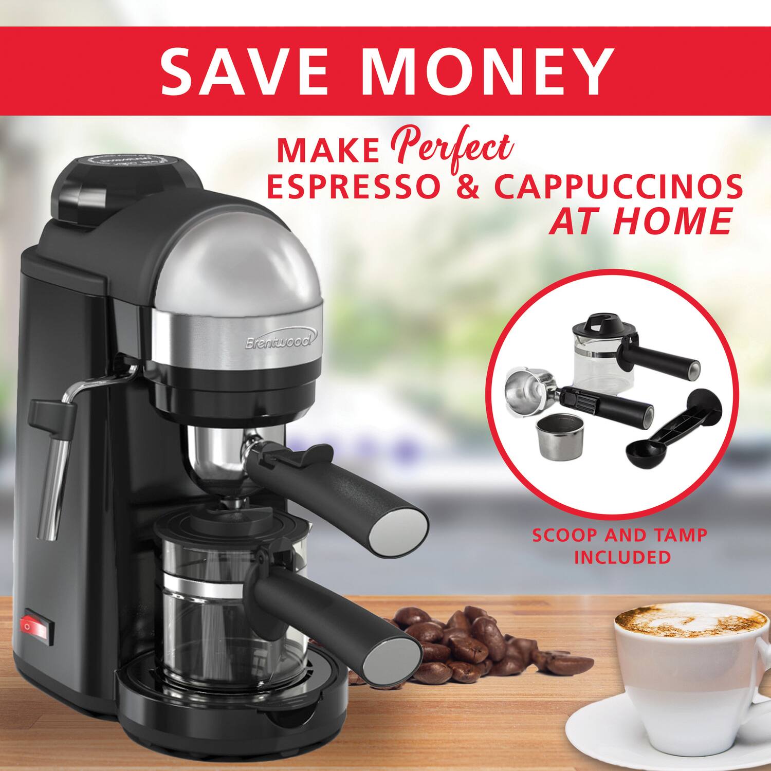 SAVE MONEY  
MAKE Perfect ESPRESSO & CAPPUCCINOS AT HOME  

SCOOP AND TAMP INCLUDED
