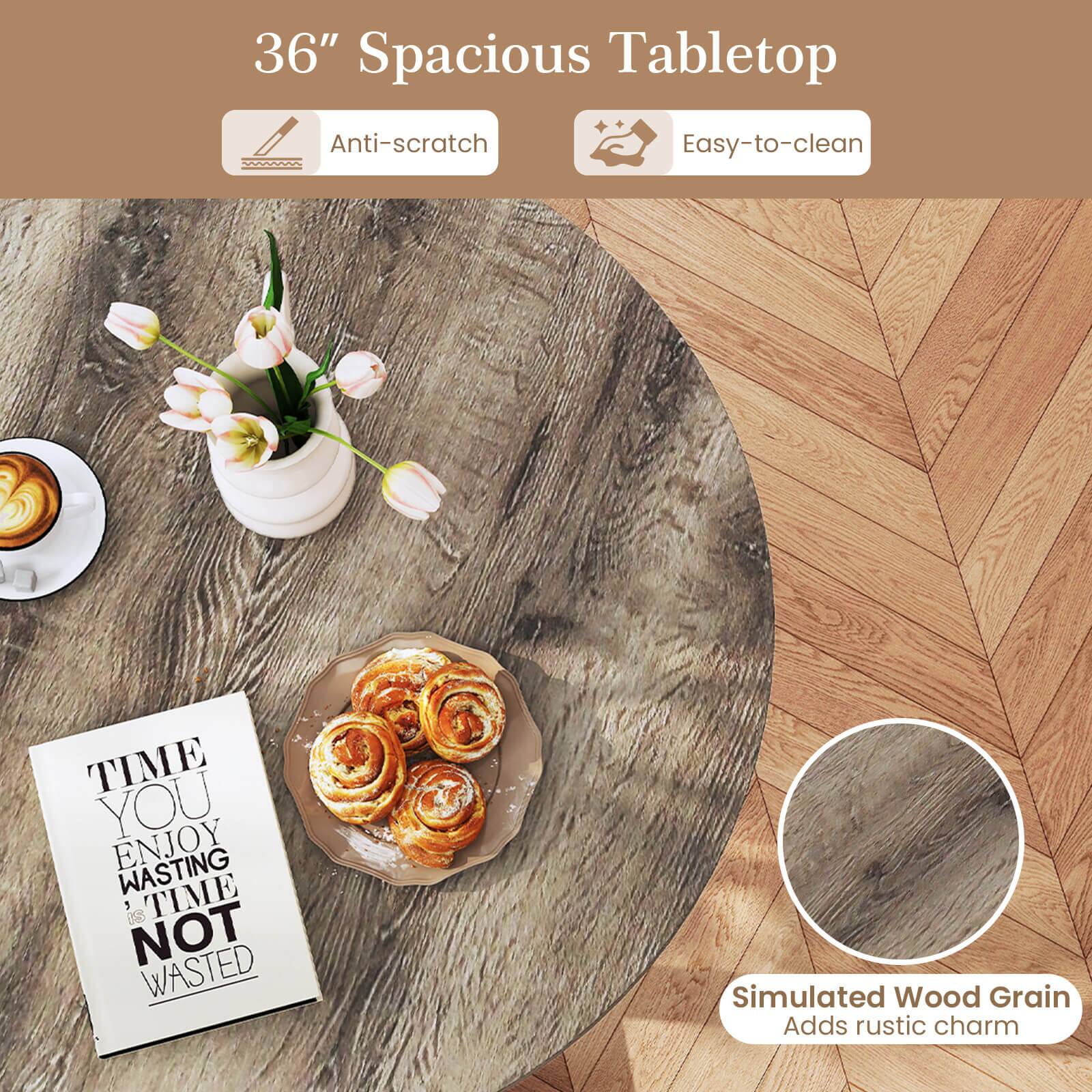 The text on the image reads: "36" Spacious Tabletop Anti-scratch Easy-to-clean TIME YOU ENJOY WASTING TIME is NOT WASTED Simulated Wood Grain Adds rustic charm."