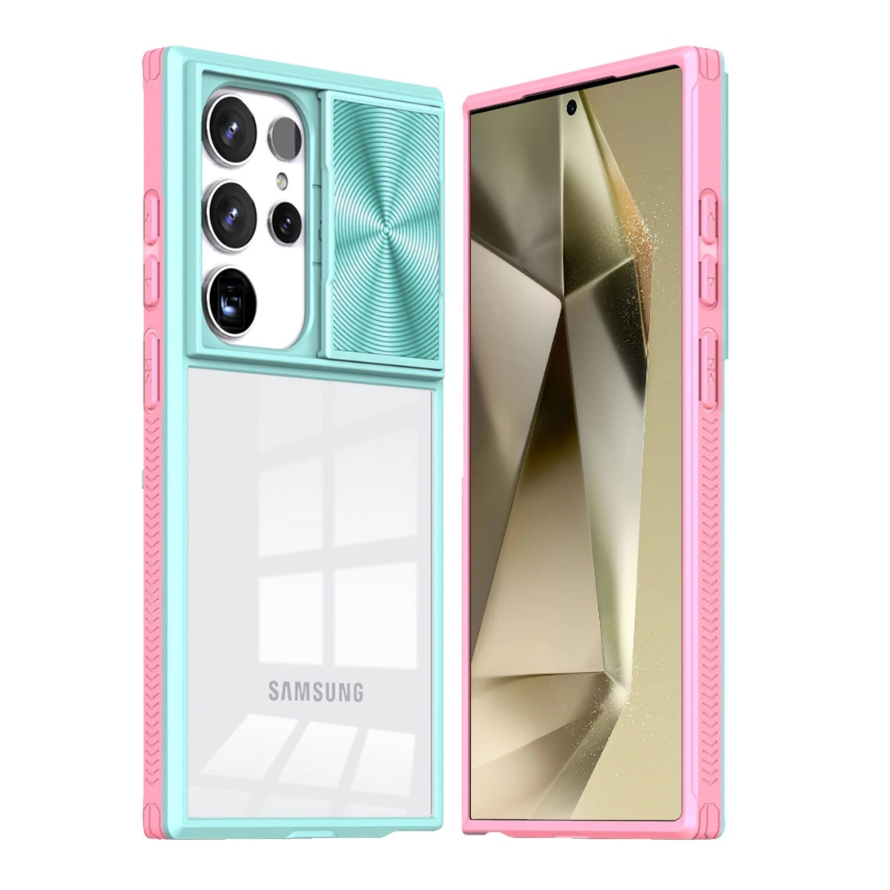 Angle. Kitcheniva - Rugged Hybrid Clear Back Camera Lens Sliding Phone Case For Samsung Galaxy S24 Pink/Blue - Pink/Blue.