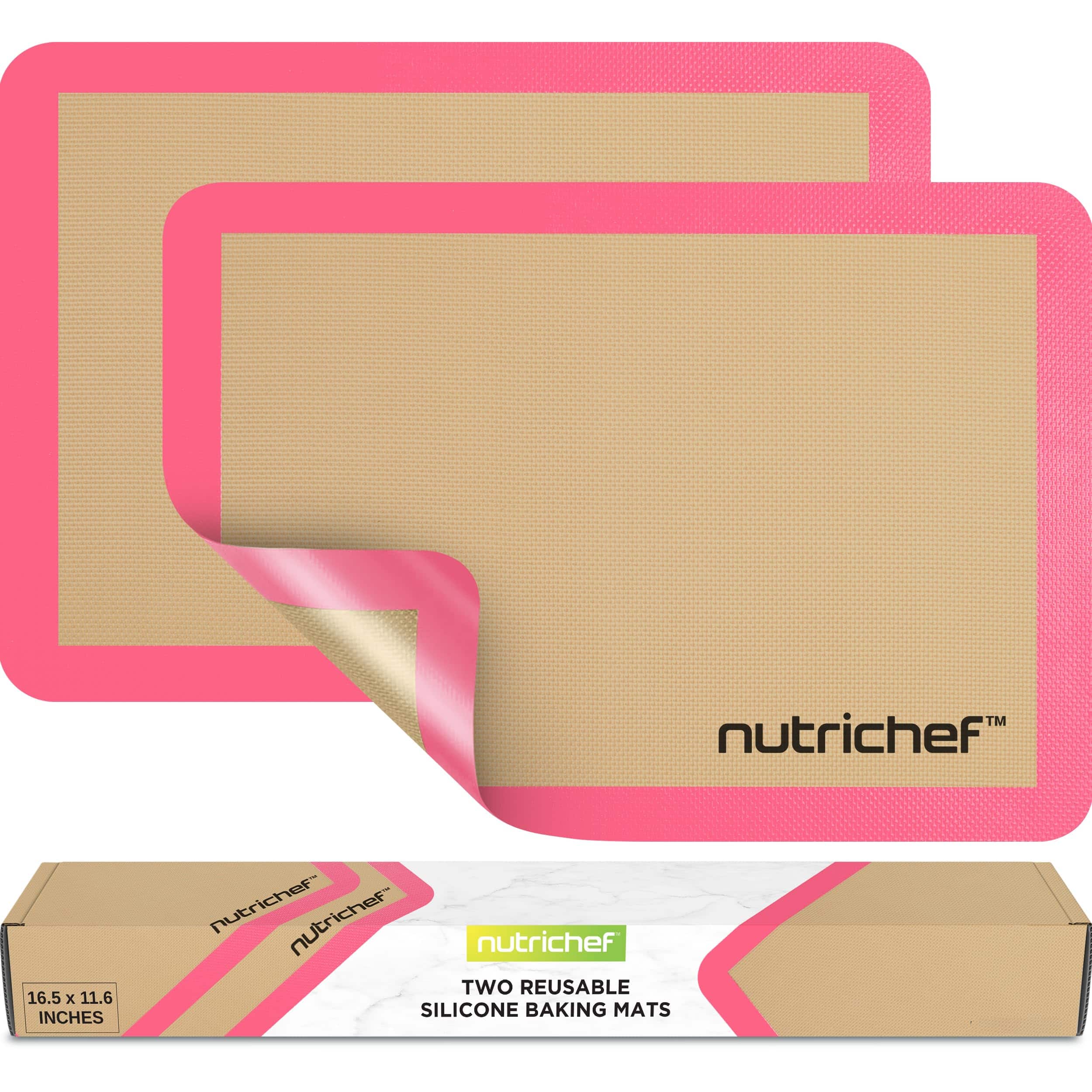 NutriChef - Silicone Baking Mats – 2 Non-Stick, Reusable for Half Pans, Safe for Ovens & Freezers, Pink Color (NUBAFUPAPI24)