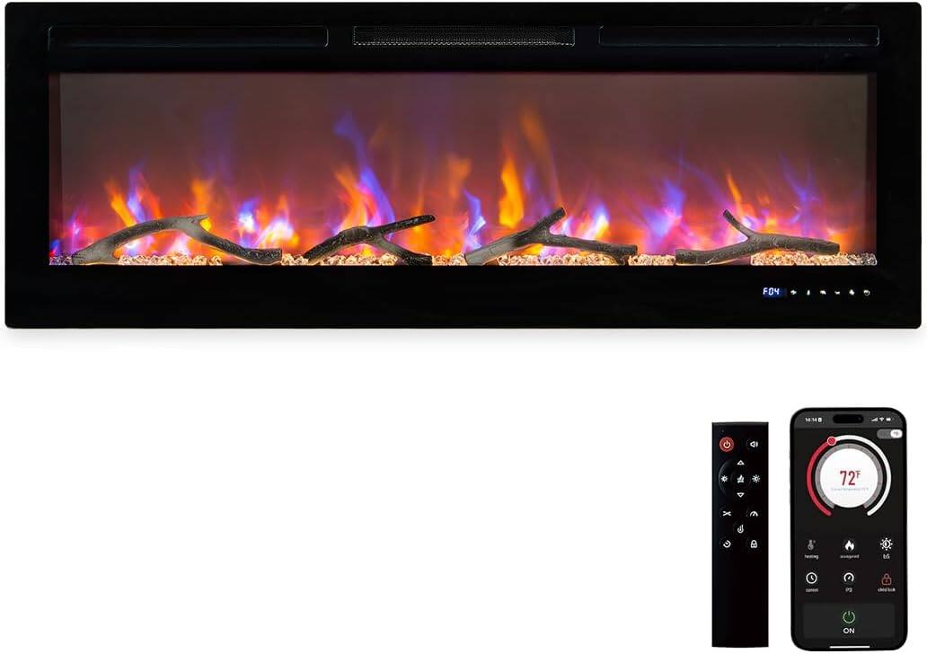 Angle. GARVEE - 50Inch Electric Fireplace WiFi-Enabled  Recessed Wall Mounted 750/1500w Quiet Heater Timer for Living Room.