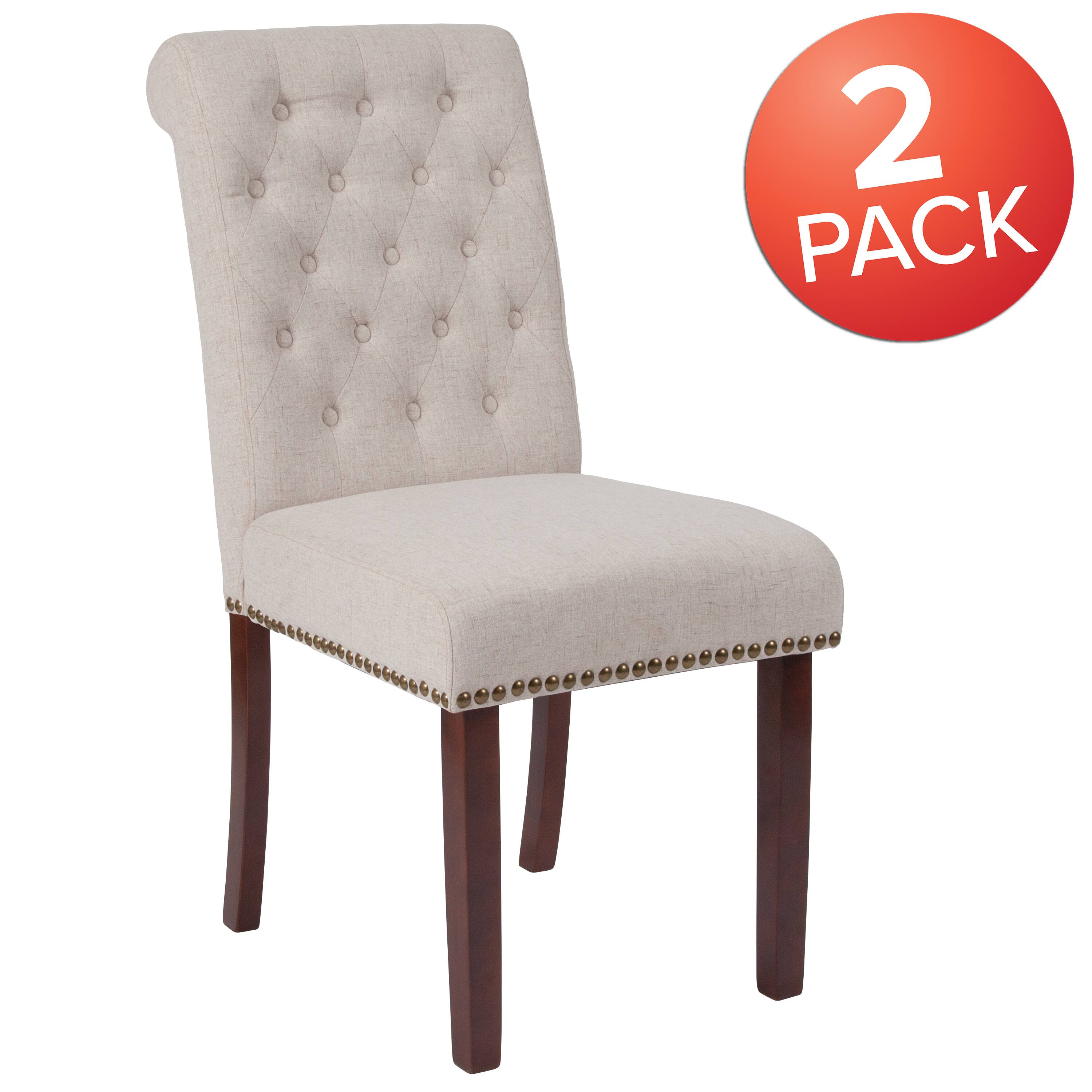 Alt View 2. Emma + Oliver - 2 PK Upholstered Rolled Back Parson's Chair with Nailhead Trim & Finished Frame with Plastic Floor Glides - Beige Fabric.
