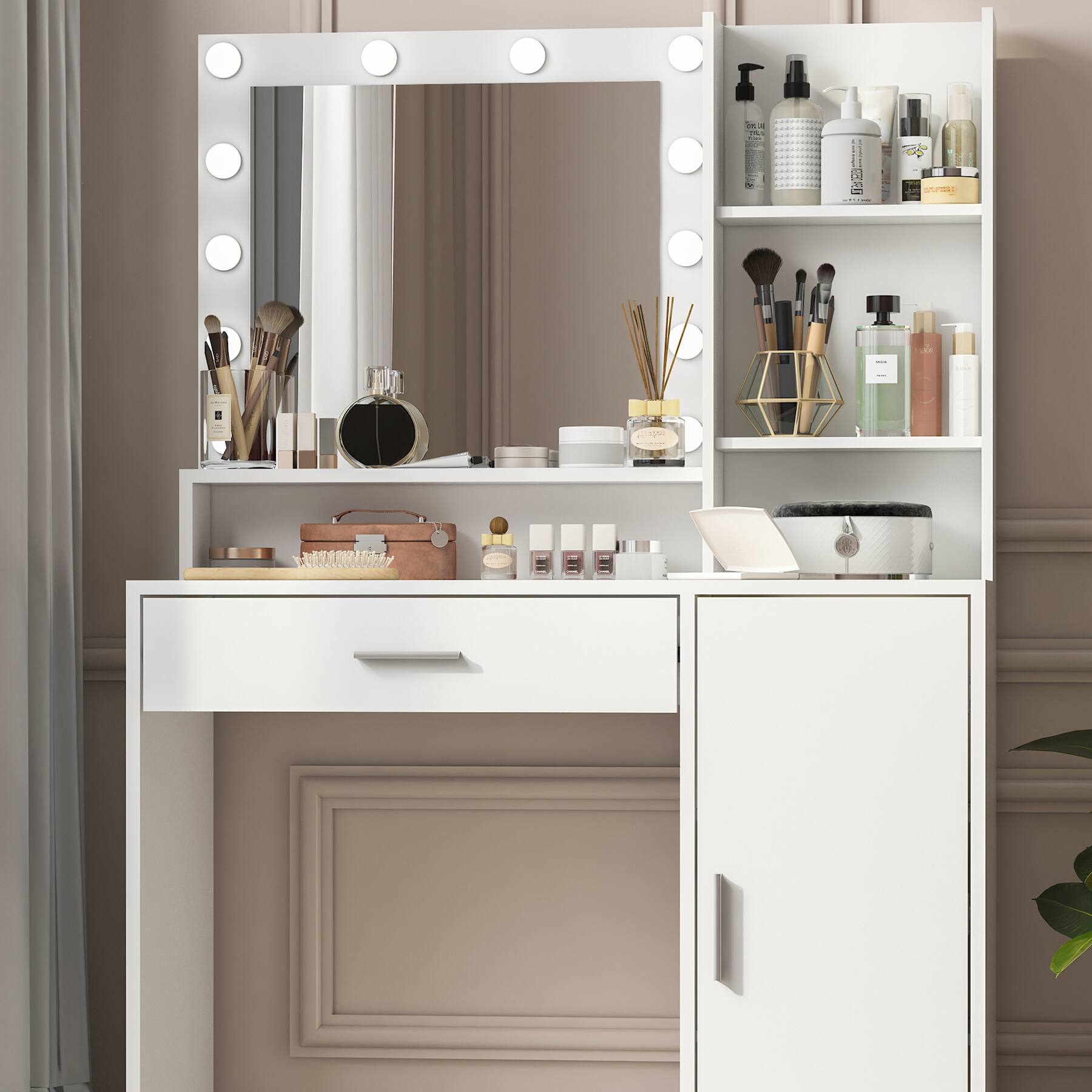 Angle. Lirago - Vanity Desk with Mirror Light Wood Dresser Table Makeup Vanities  White  53.9"H x 15.7"D x 35.4"W - White.
