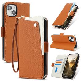 Dteck - for Apple iPhone 15 Slim Flip Wallet Case+Wrist Strap,PU Leather Card Slot Kickstand Magnetic Closure Shockproof Cover - Brown
