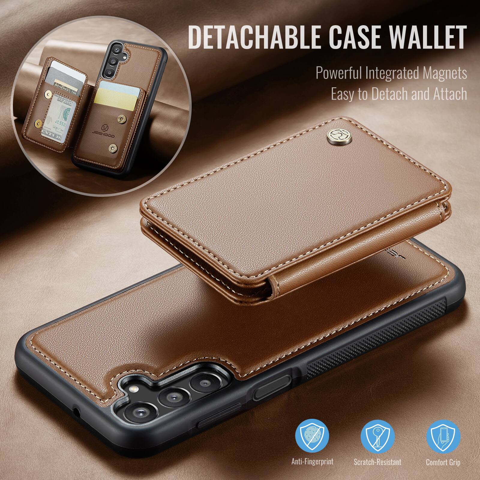 DETACHABLE CASE WALLET  
Powerful Integrated Magnets  
Easy to Detach and Attach  

Anti-Fingerprint  
Scratch-Resistant  
Comfort Grip