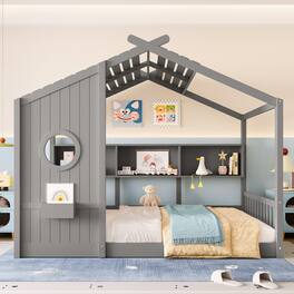 GOODSILO - Montessori Floor House Bed for Toddlers with Storage Shelf and Playhouse Roof Design - Gray