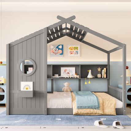 Front. GOODSILO - Montessori Floor House Bed for Toddlers with Storage Shelf and Playhouse Roof Design - Gray.