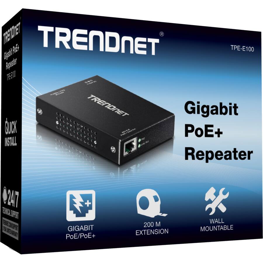 TRENDNET TPE-E100 Gigabit PoE+ Repeater  
TRENDNET Gigabit PoE/PoE+  
200 M EXTENSION  
WALL MOUNTABLE  
24/7 TECHNICAL SUPPORT
