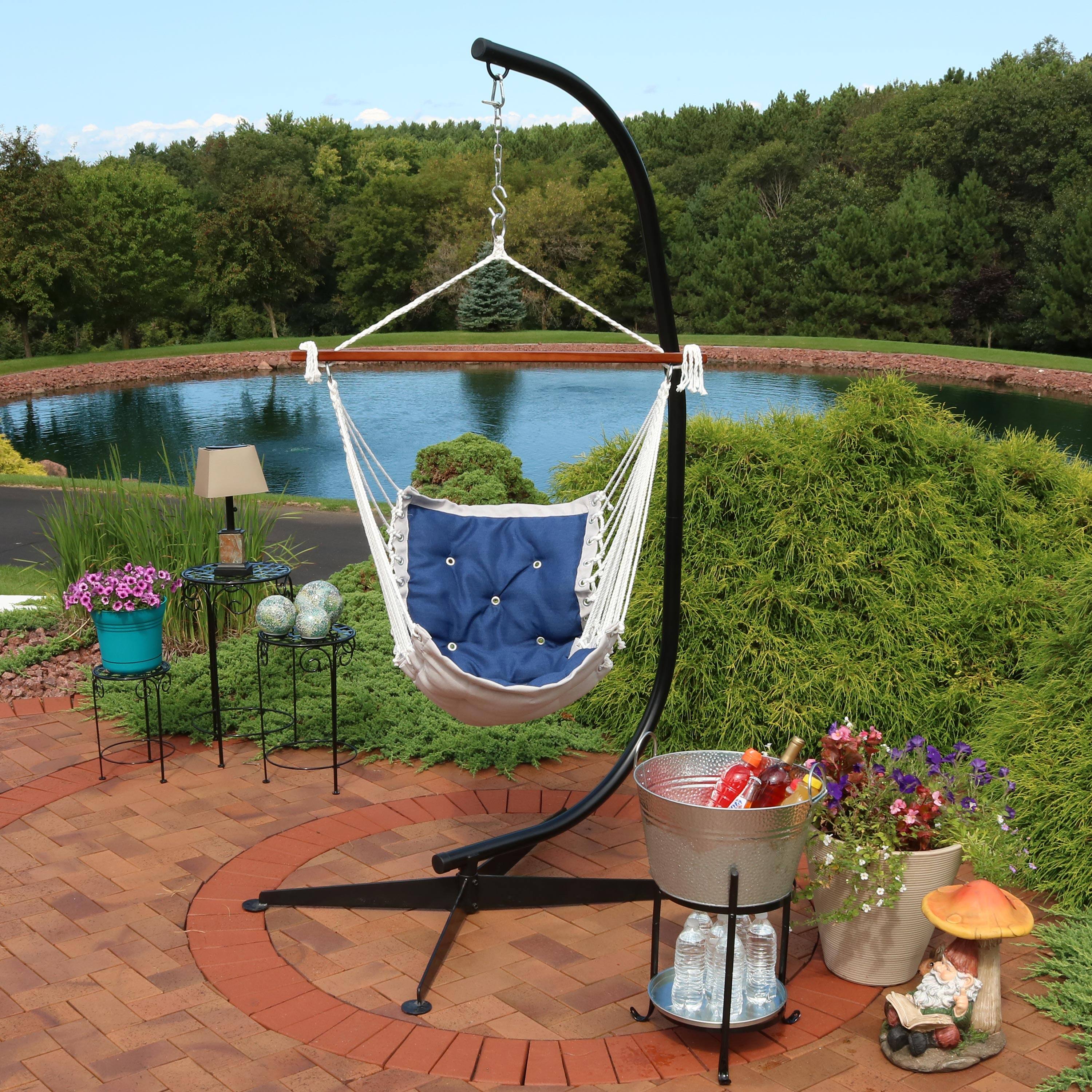 Alt View 1. Sunnydaze - Polyester Victorian Hammock Chair with Steel C-Stand - Navy Blue.