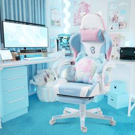 Akoasm - Cute Cat Gaming Chair Ergonomic Office Chair with Cute Lumbar Cushion, PC Video Gamer Chair for Girl Woman - Blue Pink
