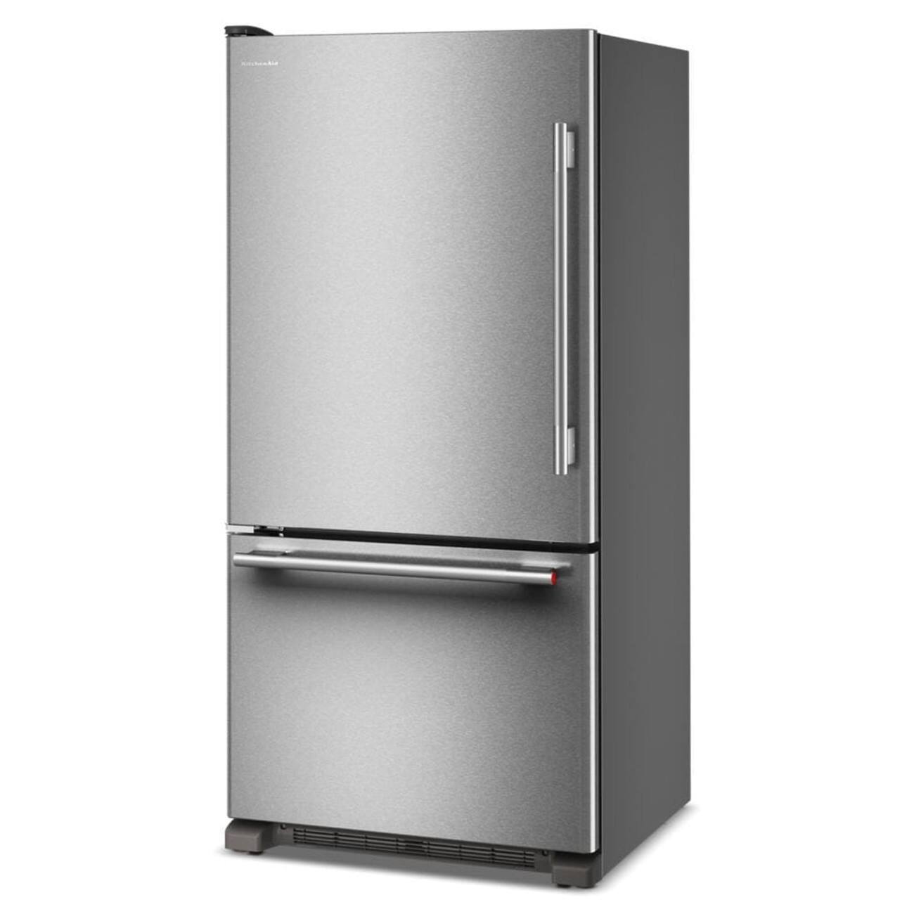 Left. KitchenAid - 22 Cu. Ft. 33-Inch Standard-Depth Bottom Mount Refrigerator with Left Door Swing - PrintShield Stainless.