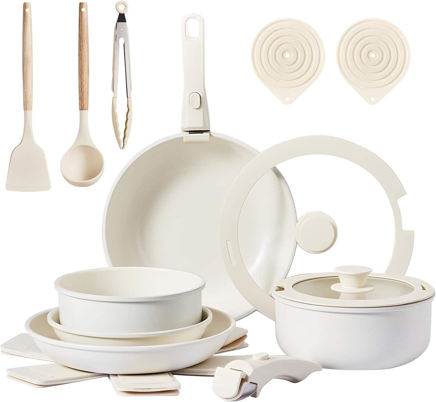 Winado - 19 Pcs Nonstick Pots and Pans Set, Cast Aluminum Cookware with Detachable Handle & Saucepan & Frying Pan for Apartments - White