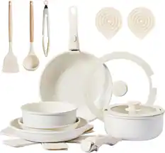 Front. Winado - 19 Pcs Nonstick Pots and Pans Set, Cast Aluminum Cookware with Detachable Handle & Saucepan & Frying Pan for Apartments - White.