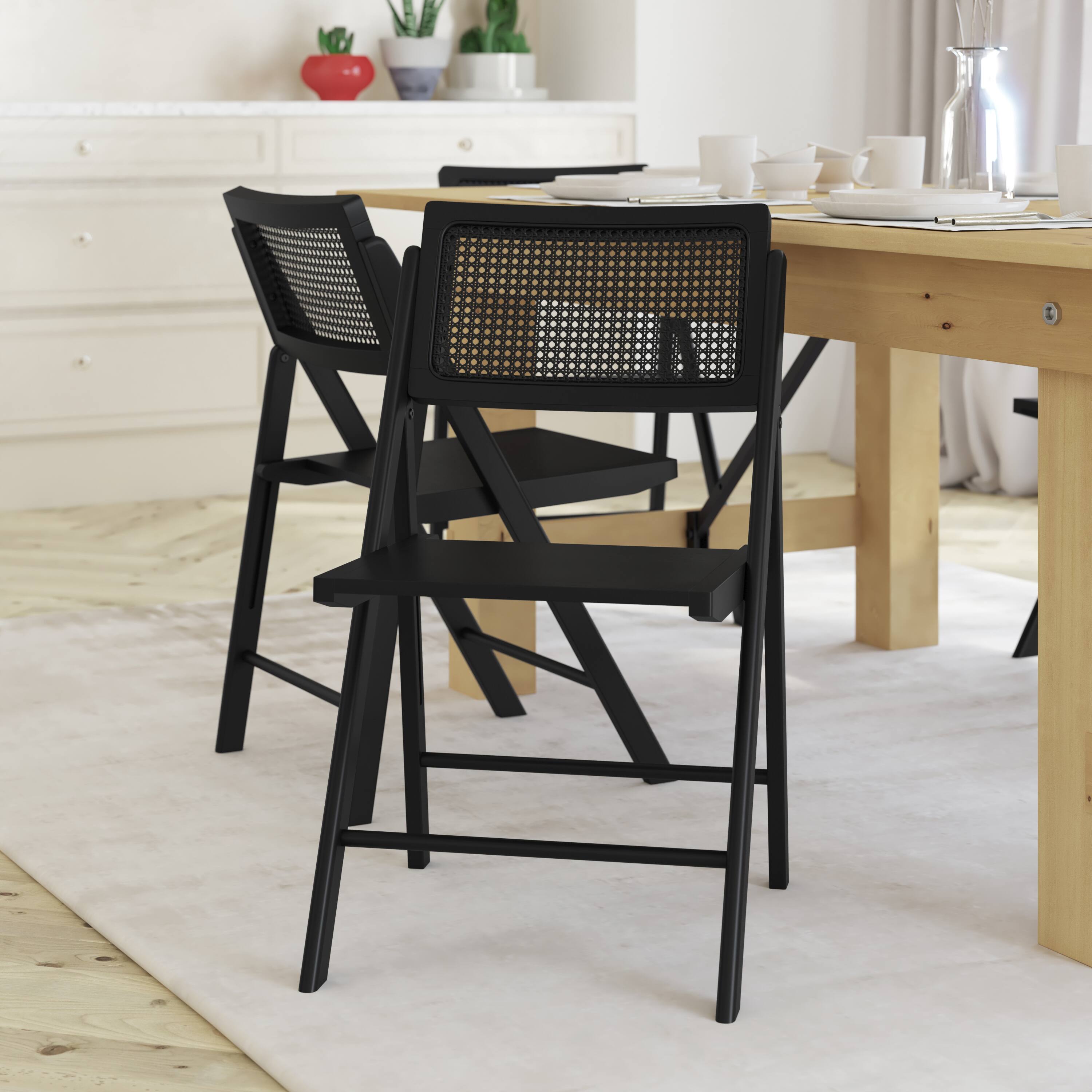 Alt View 2. Emma + Oliver - Thomas Set of 2 Cane Rattan Folding Chairs with Solid Wood Frames and Seats and Breathable Woven Rattan Backrest - Black.