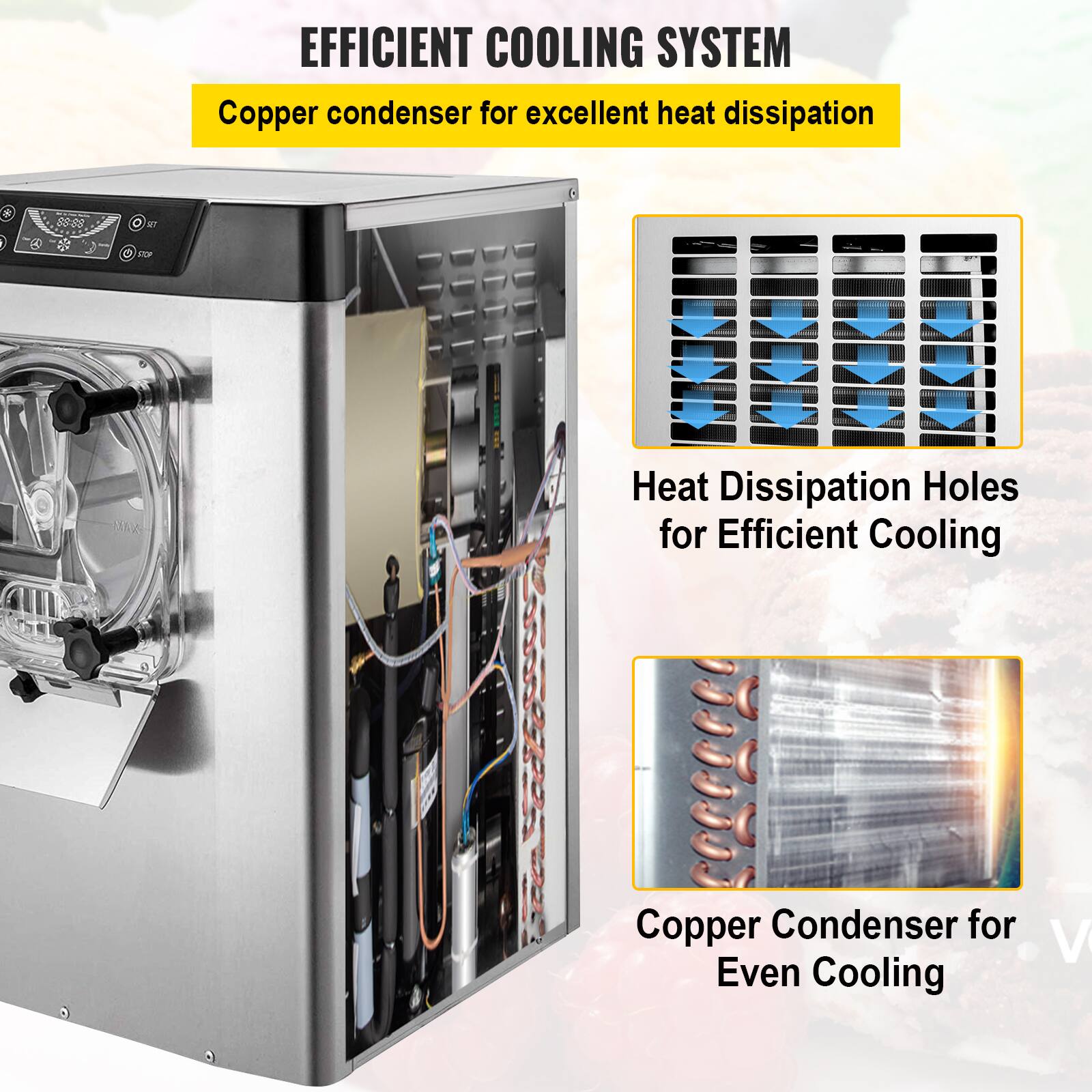 EFFICIENT COOLING SYSTEM  
Copper condenser for excellent heat dissipation

Heat Dissipation Holes for Efficient Cooling

Copper Condenser for Even Cooling