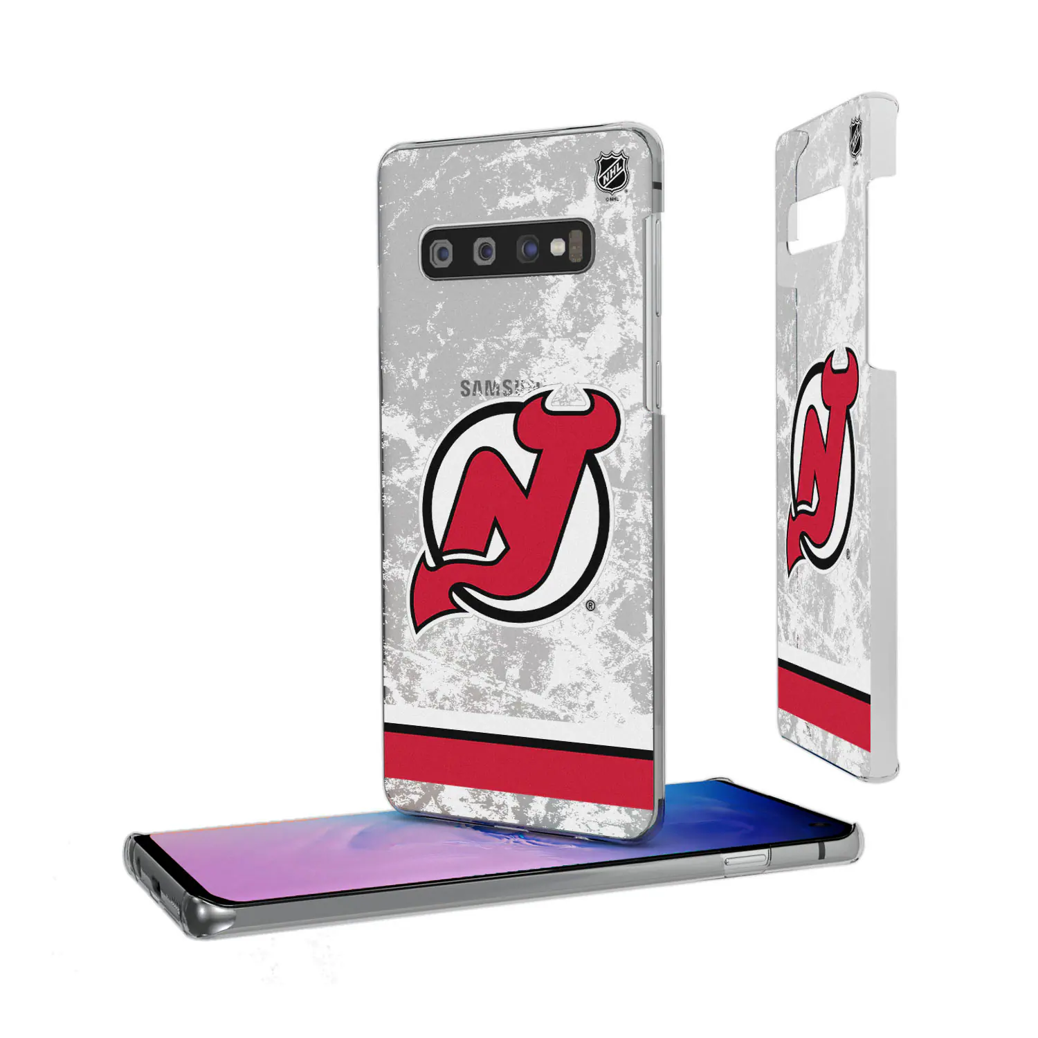 The text on the image is:

- "SAMSUNG" (on the phone case)
- "NHL" (on the phone case, near the top)