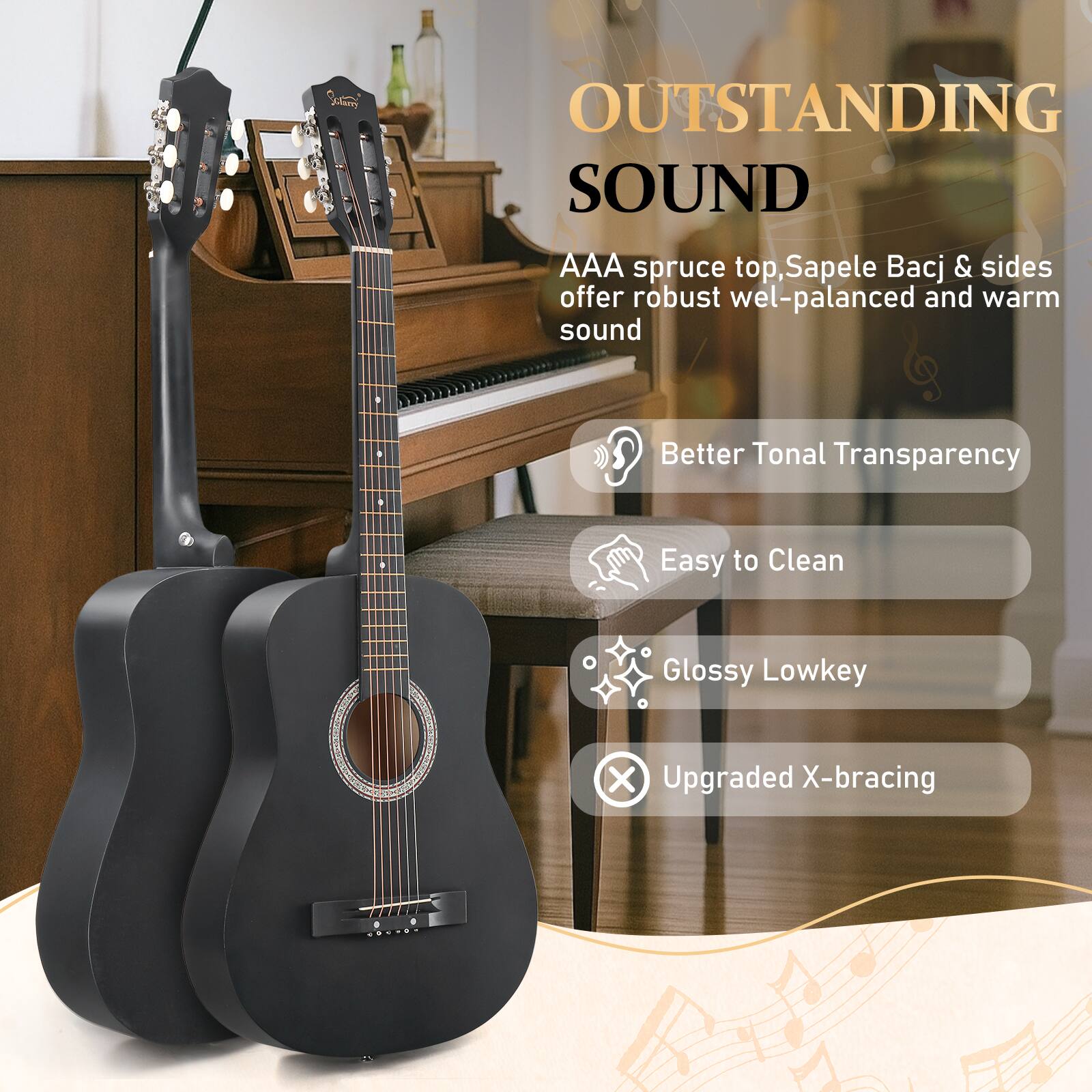 OUTSTANDING SOUND

AAA spruce top, Sapele back & sides offer robust well-balanced and warm sound

- Better Tonal Transparency
- Easy to Clean
- Glossy Lowkey
- Upgraded X-bracing