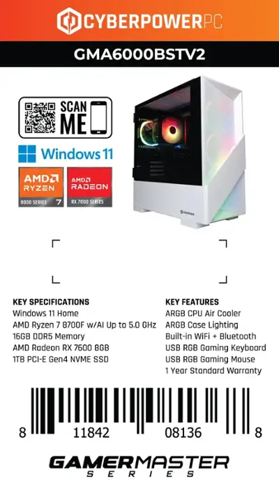 CyberPowerPC Gamer Master Gaming Desktop AMD Ryzen 7 8700F 16GB Memory AMD Radeon RX 7600 8GB 1TB SSD White GMA6000BSTV2 - Best Buy