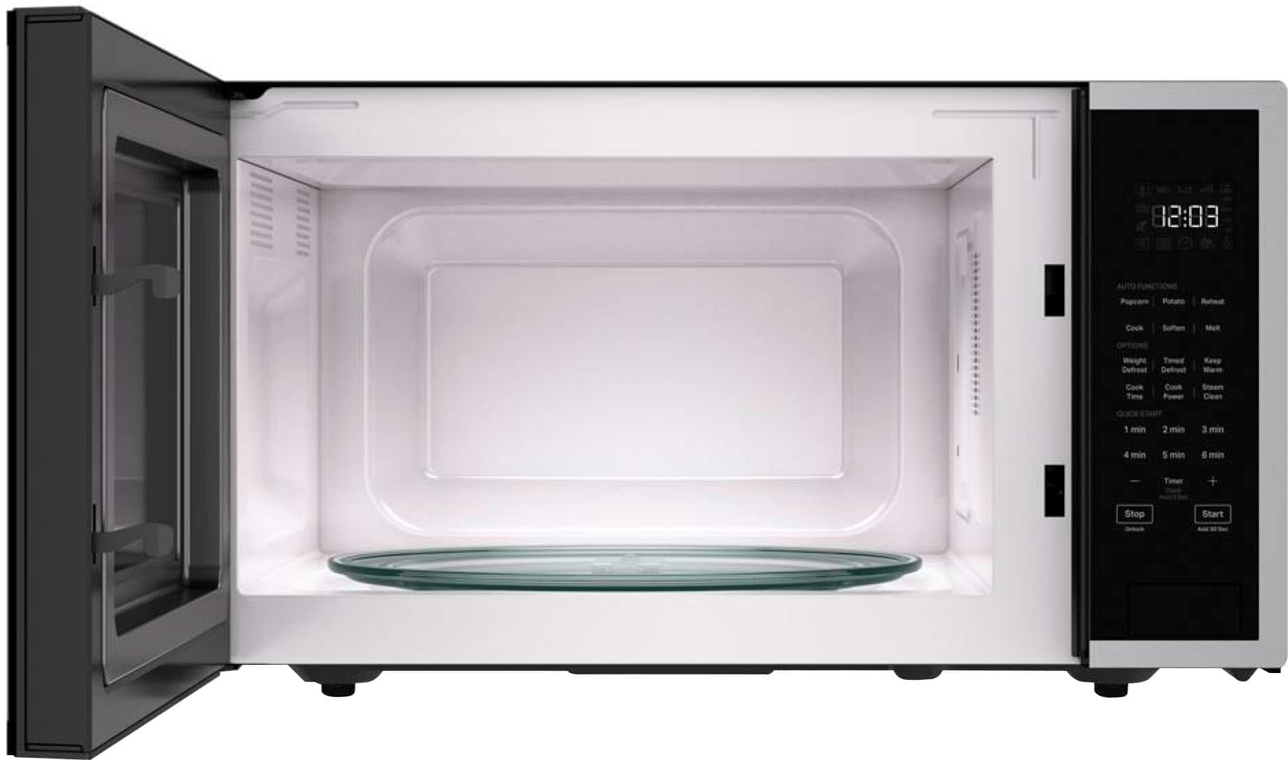 The text on the image reads: "88:08 Auto Functions Pushcore Potato Reheat Cock Soften Melt Weight Taed Defrost Keep Warm Cook Time Cook Power Steam Clean 1 min 2 min 3 min 4 min 5 min 6 min Timer + Stop Start."