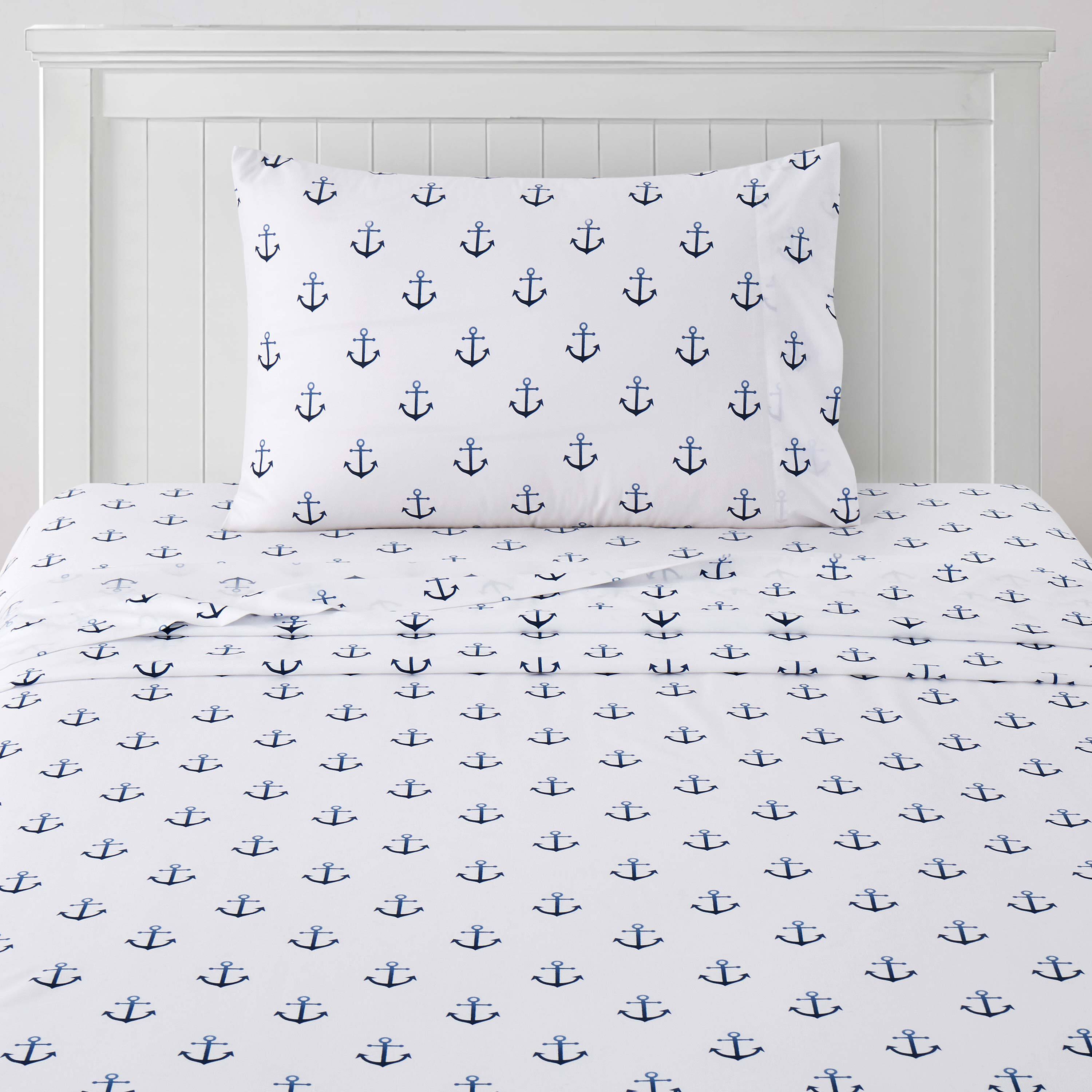 Angle. Sweet Home Collection - Kids' Printed Classic & Bright Ultra Soft Microfiber Sheet Sets - Twin - Ship Anchors.