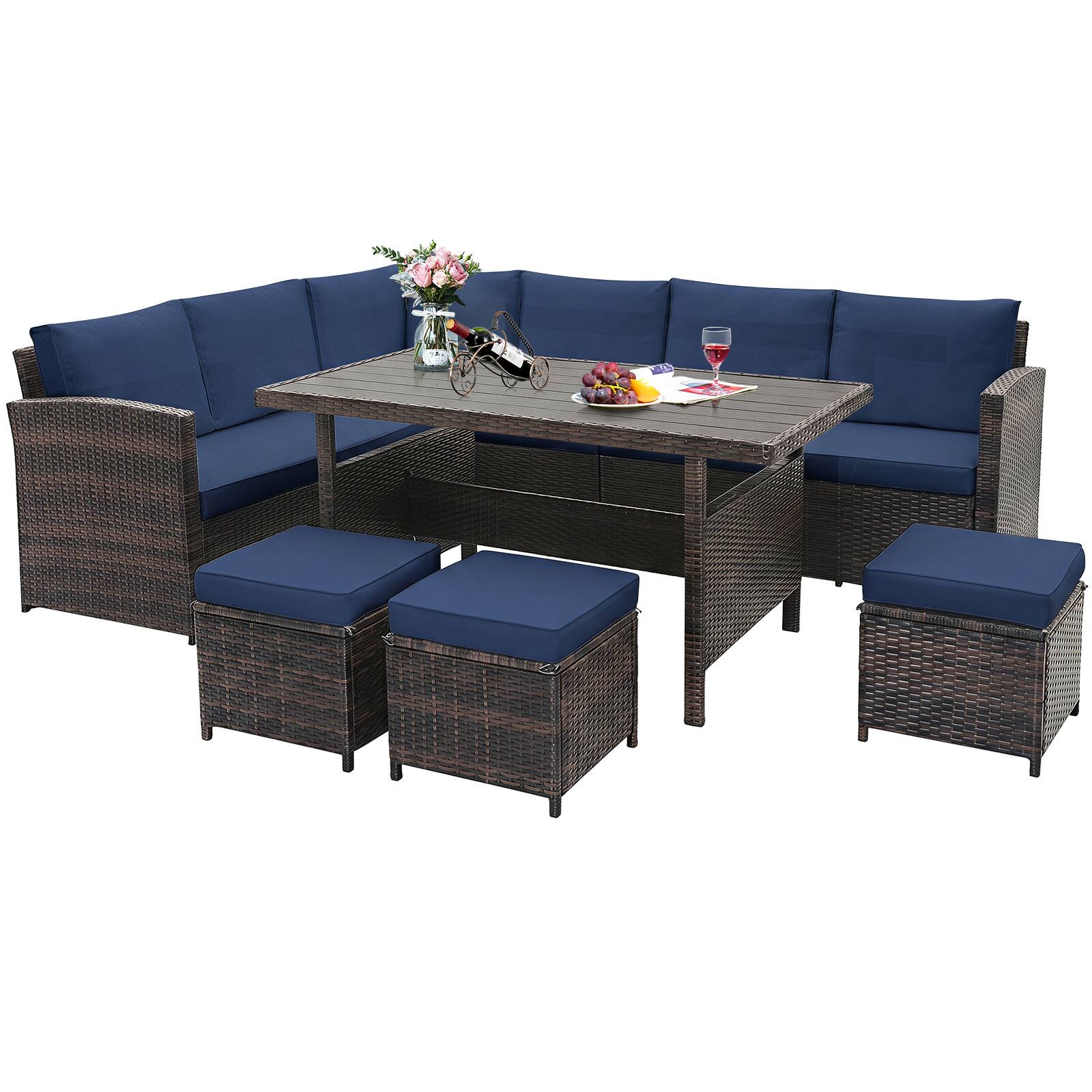 Alt View 1. Costway - Costway 7 PCS Patio Furniture Set Rattan Sectional Conversation Sofa Coffee Table Porch - Mixed Brown+Navy.