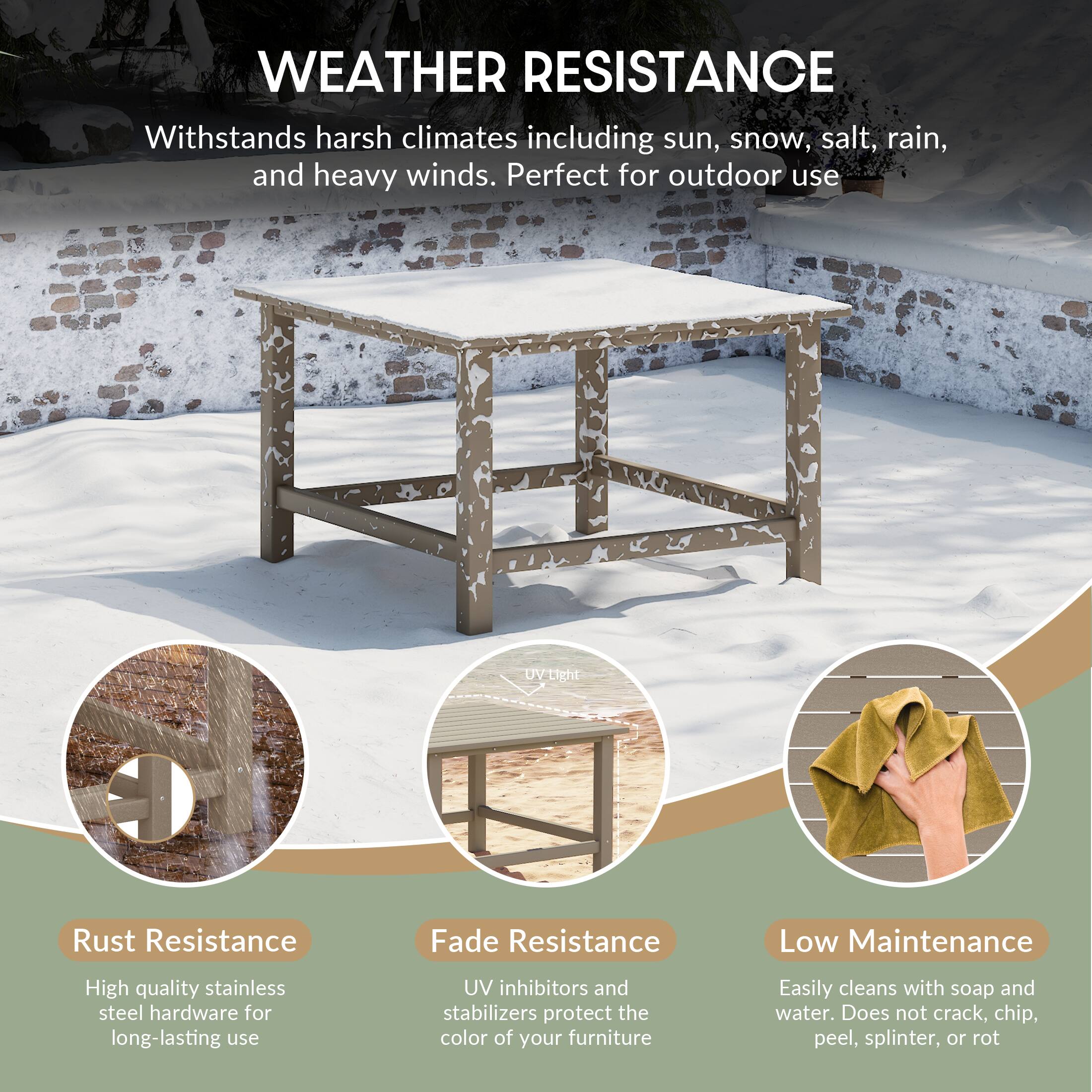 WEATHER RESISTANCE

Withstands harsh climates including sun, snow, salt, rain, and heavy winds. Perfect for outdoor use

UV RESISTANCE

Rust Resistance
High quality stainless steel hardware for long-lasting use

Fade Resistance
UV inhibitors and stabilizers protect the color of your furniture

Low Maintenance
Easily cleans with soap and water. Does not crack, chip, peel, splinter, or rot