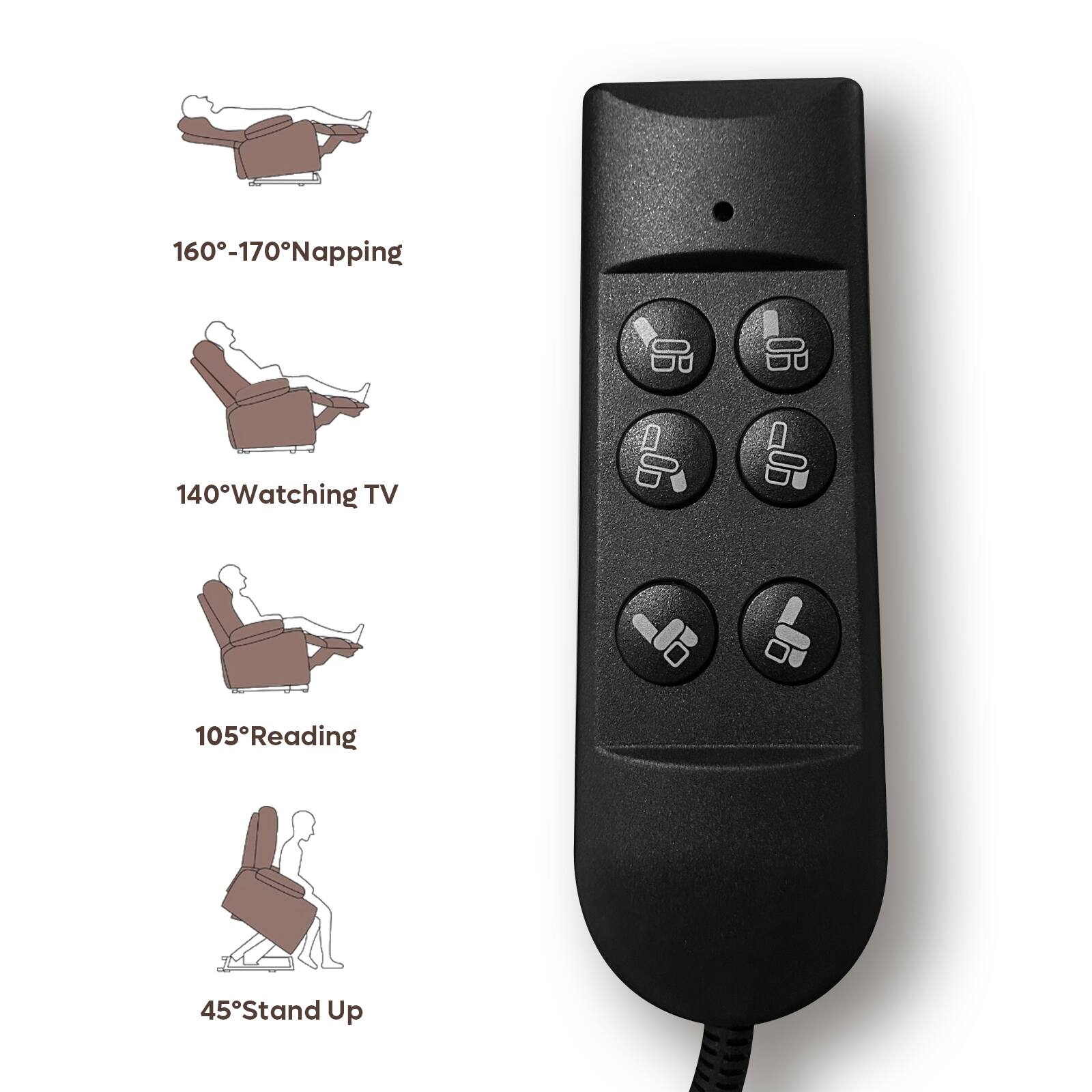 160°-170° Napping  
140° Watching TV  
105° Reading  
45° Stand Up