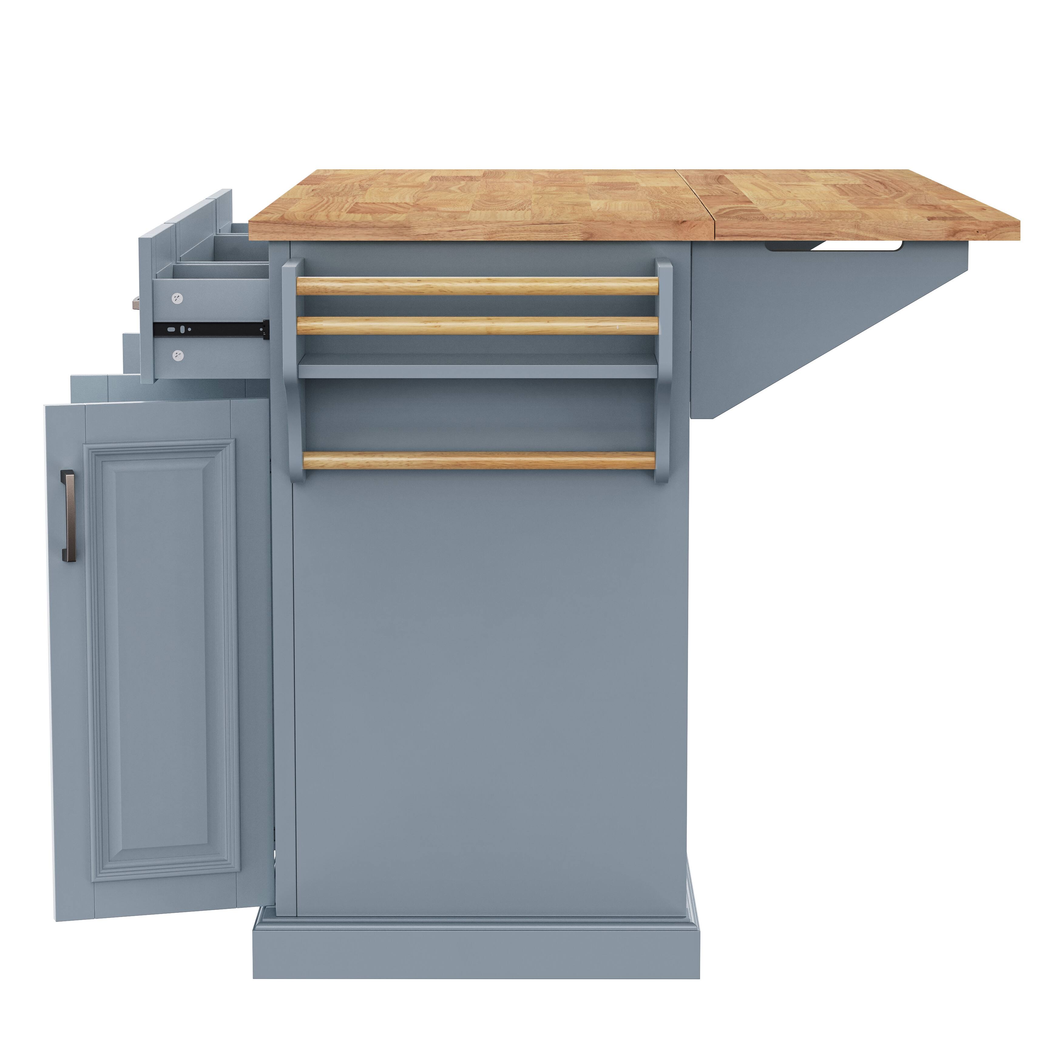 Alt View 7. Forest'nSky - 54" Large Rolling Kitchen Island with Rubber Wood Drop Leaf, Embossed Texture, 4 Doors, and 3 Drawers, Grey Blue - Grey Blue.