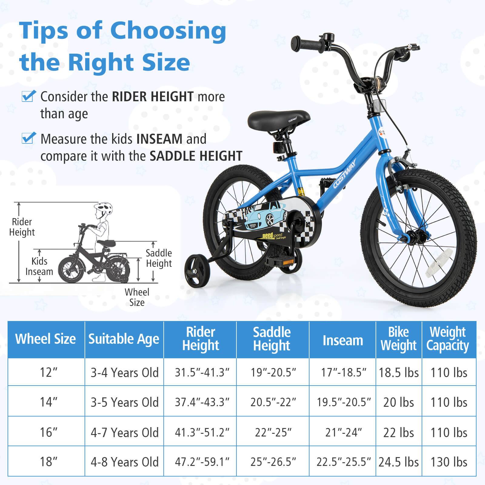 Tips of Choosing the Right Size

- Consider the RIDER HEIGHT more than age
- Measure the kids INSEAM and compare it with the SADDLE HEIGHT

| Wheel Size | Suitable Age | Rider Height | Saddle Height | Inseam | Bike Weight | Weight Capacity |
|------------|-------------|-------------|--------------|--------|-------------|----------------|
| 12"        | 3-4 Years Old | 31.5"-41.3"  | 19"-20.5"     | 17"-18.5" | 18.5 lbs    | 110 lbs        |
| 14"        | 3-5 Years Old | 37.4"-43.3"  | 20.5"-22"     | 19.5"-20.5" | 20 lbs    | 110 lbs        |
| 16"        | 4-7 Years Old | 41.3"-51.2"  | 22"-25"       | 21"-24"   | 22 lbs    | 110 lbs       