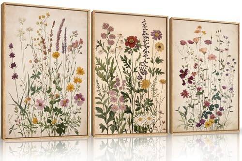 Hanke - Moody Dark Floral Framed Canvas Wall Art Minimalist Wildflower Decor Flower Botanical 24 x 36 inches - Vintage Wildflower 24"L x 36"W