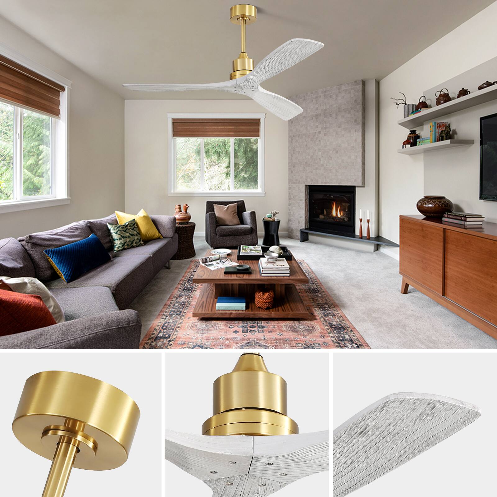 Alt View 2. Sofucor - 52'' Solid Wood Ceiling Fans No Light-Outdoor Ceiling Fan with Remote Reversible DC for Bedroom Indoor Patios Farmhouse - Gold-Grey wood.