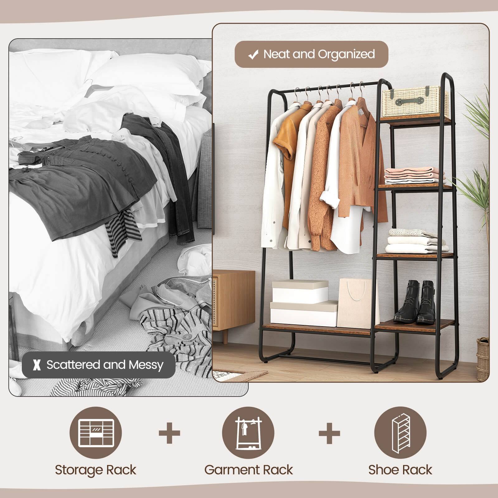 Neat and Organized  
X Scattered and Messy  

Storage Rack  
Garment Rack  
Shoe Rack