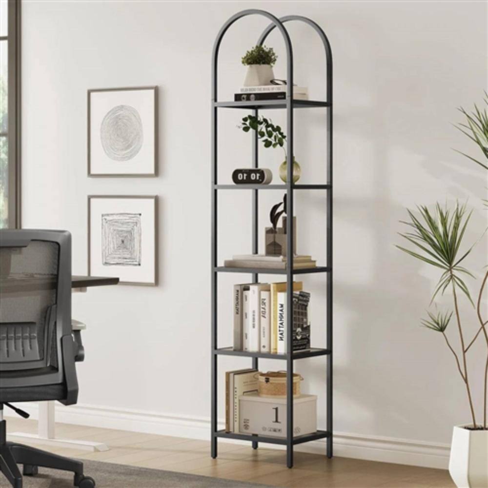 Angle. Hivvago - Arched Top Black Metal Display Rack Narrow Bookcase with 5 Glass Storage Shelves - Black.