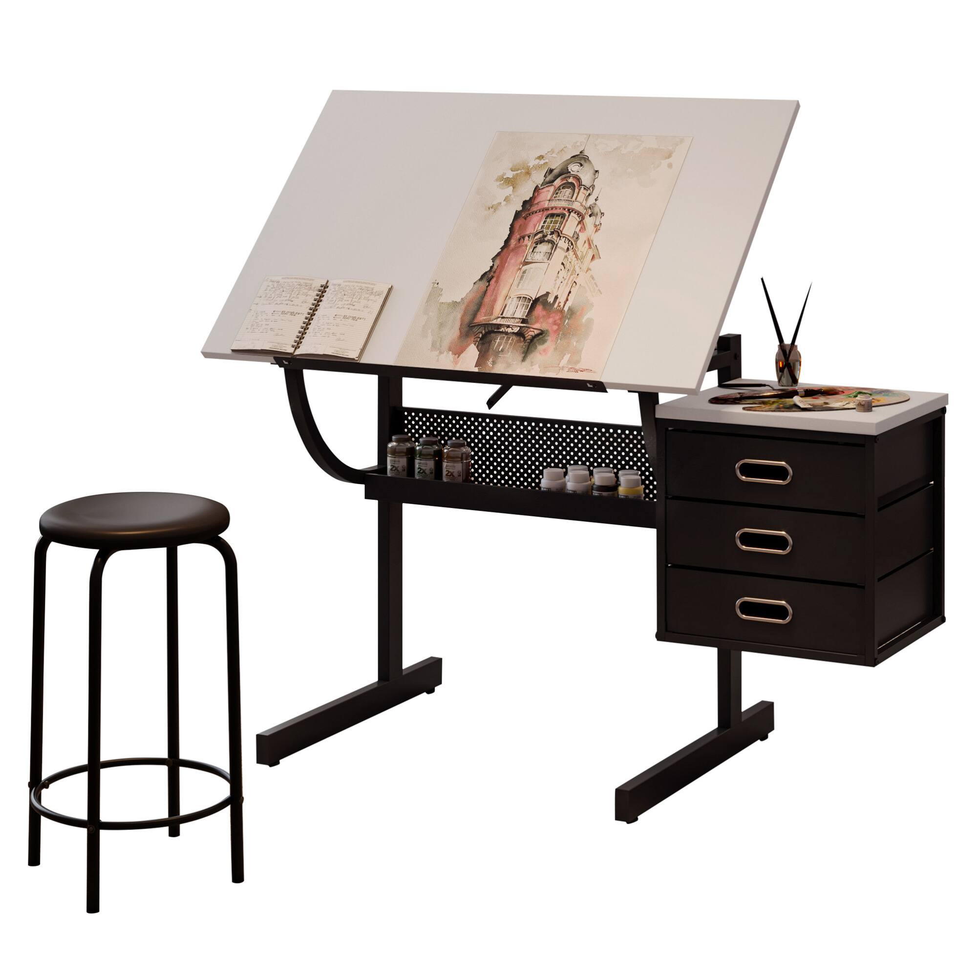 Alt View 1. GOODSILO - Professional Adjustable Drafting Table with Storage Drawers and Stool for Artists and Designers - Black White.