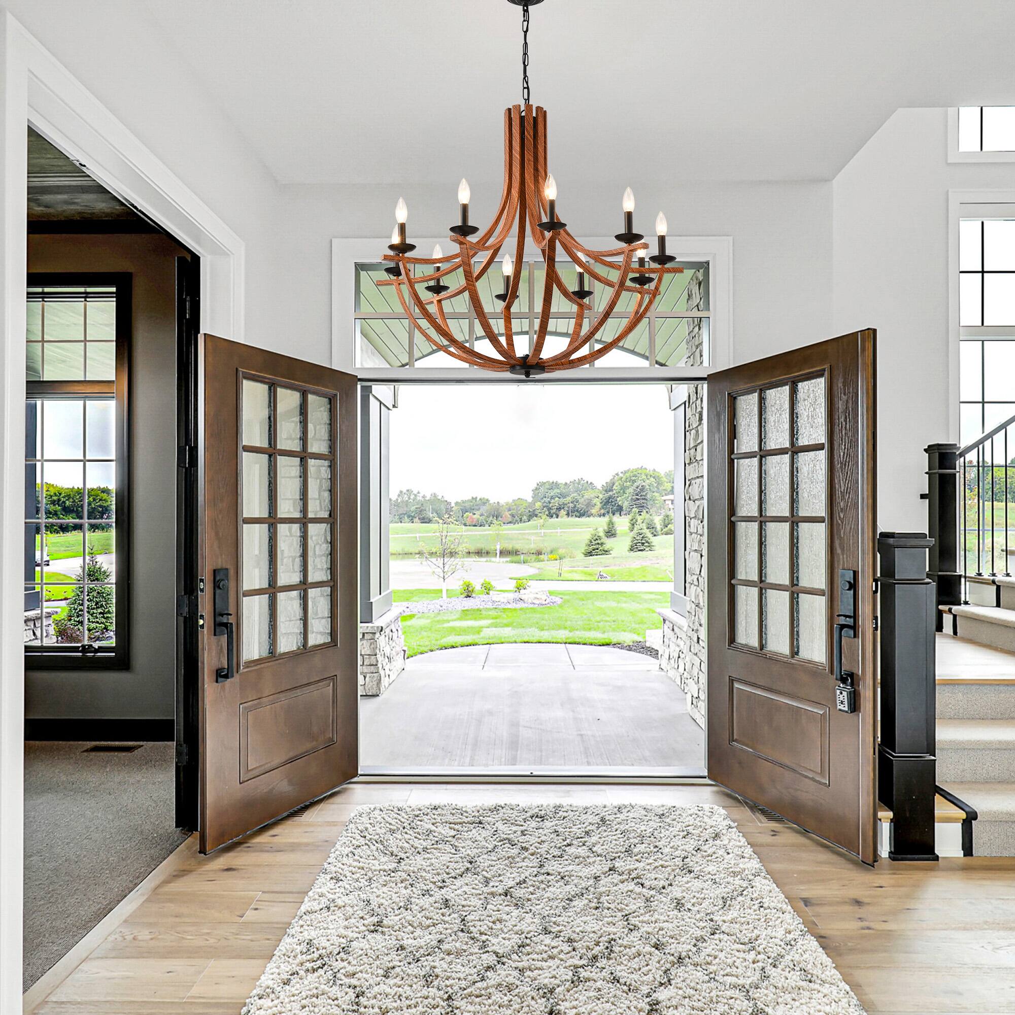 Alt View 4. RYHNUYNE - 35"Farmhouse Chandelier,10-Light Dining Room Light Fixture,Rustic Chandelier Wooden Light Fixtures for Living Room - Brown.